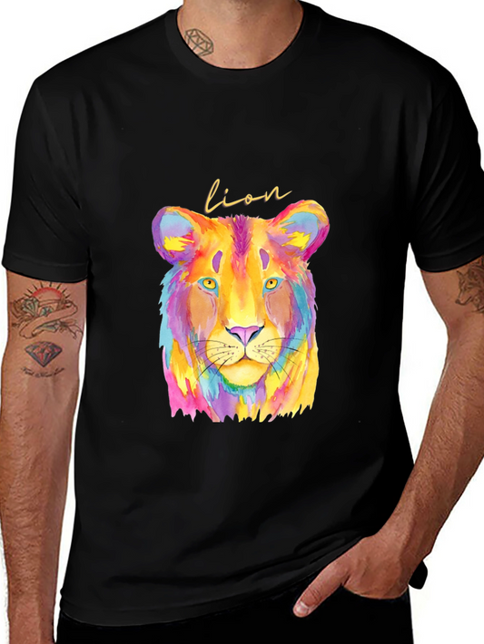 Vibrant Lion Graphic Tee - Colorful Animal Print T-Shirt