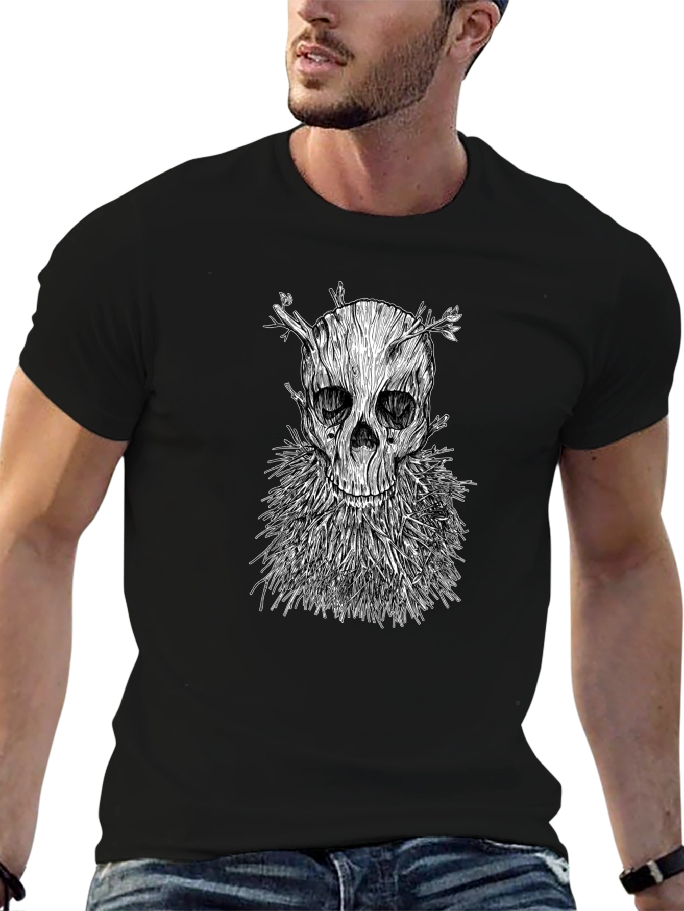 Wood Skull Graphic T-Shirt - Black