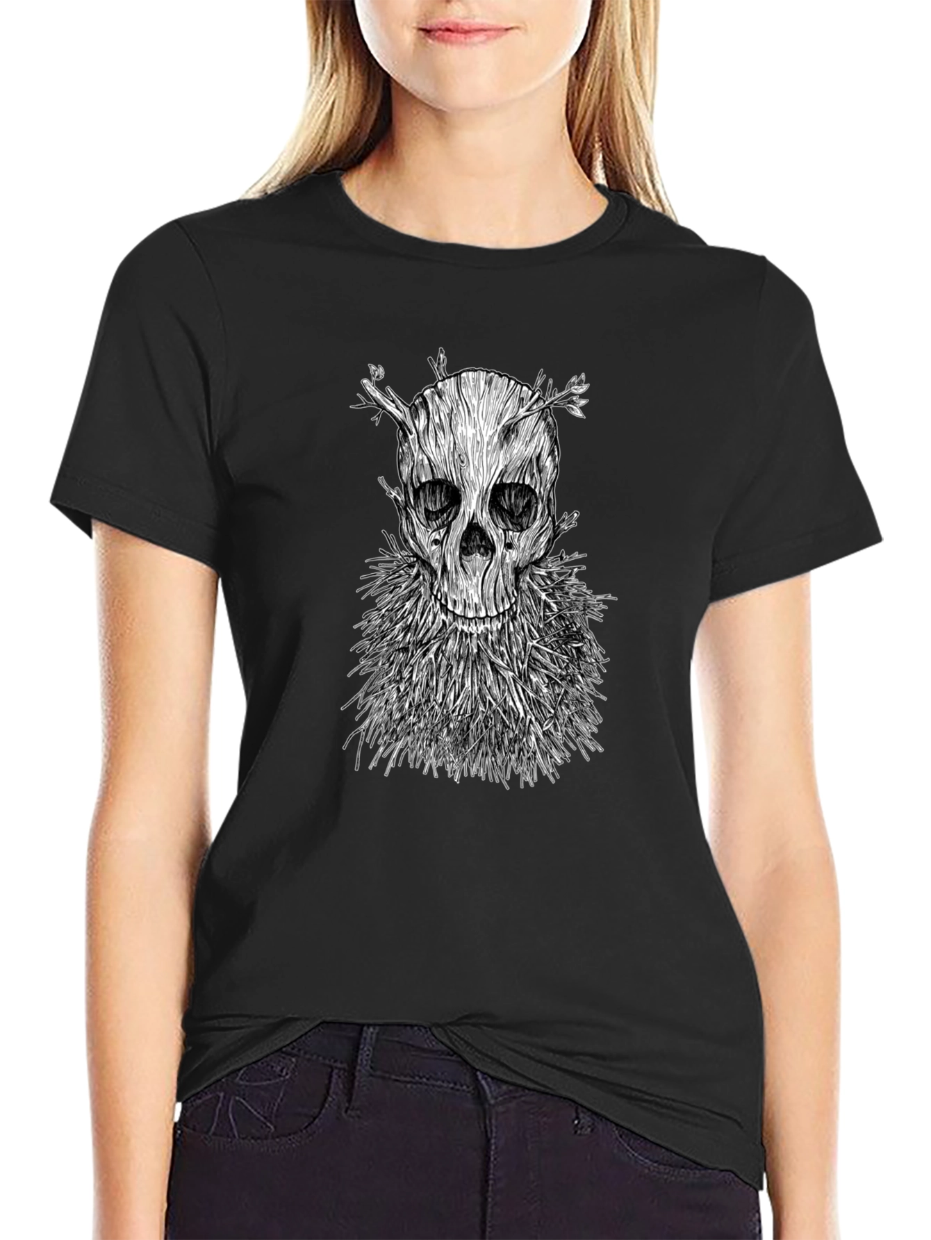 Wood Skull Graphic T-Shirt - Black