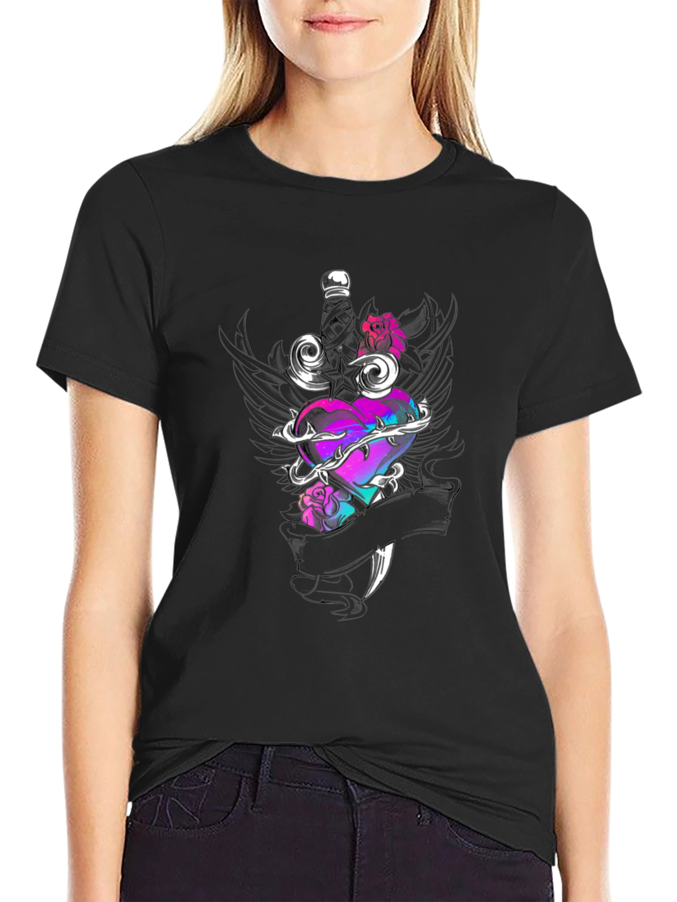 Edgy Heart & Dagger Graphic Tee - Black