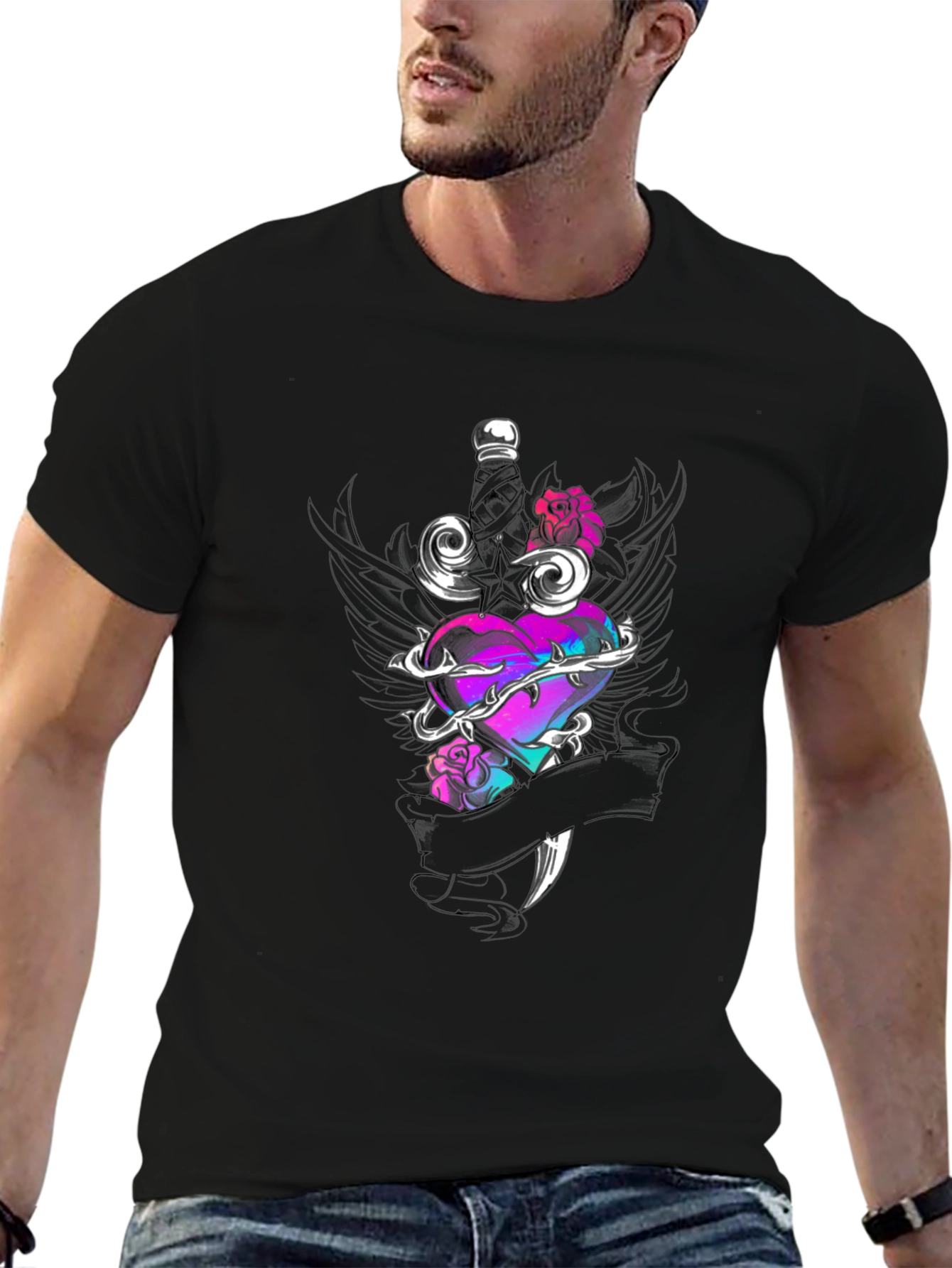 Edgy Heart & Dagger Graphic Tee - Black