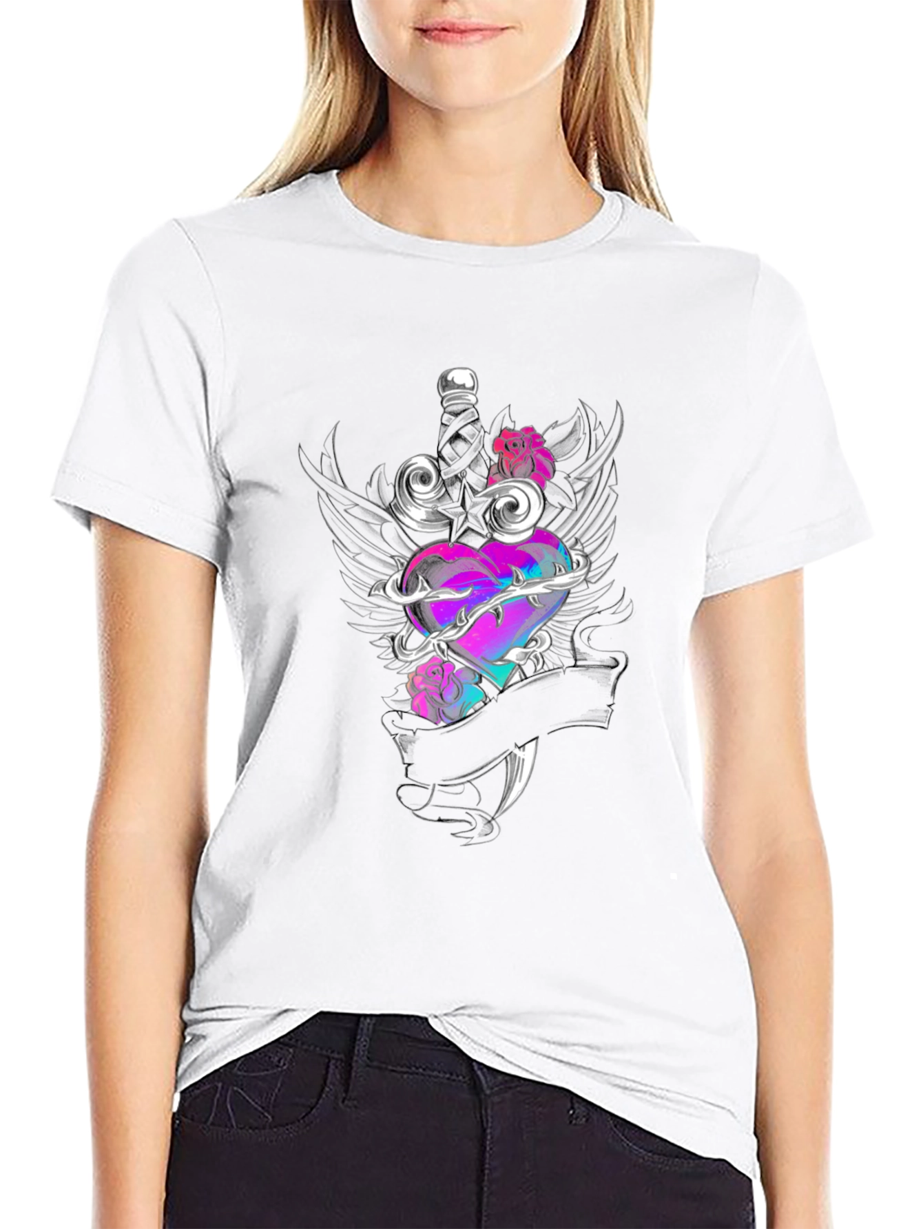Edgy Heart & Dagger Graphic Tee - Black