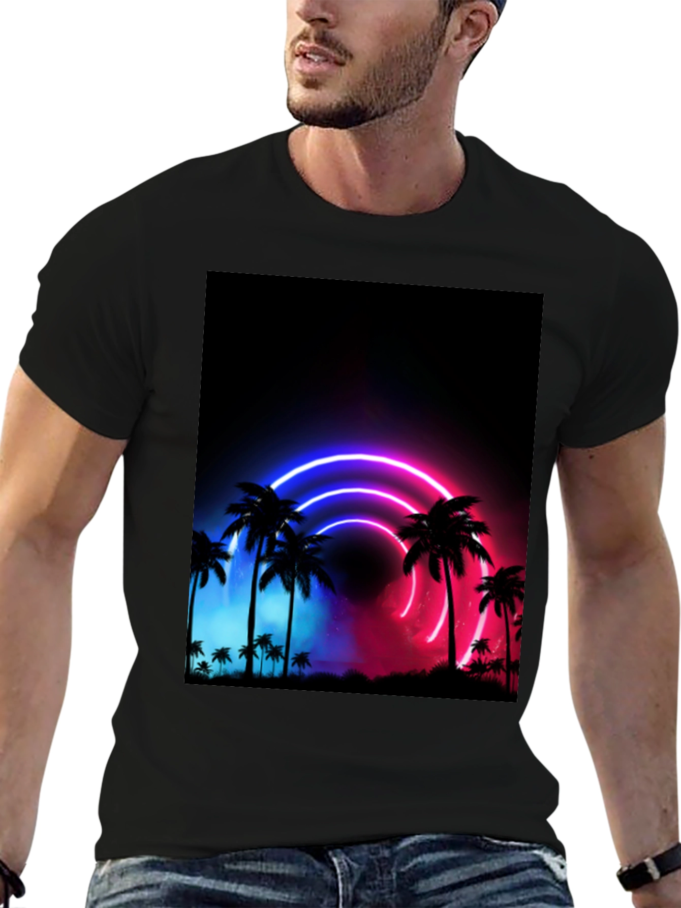 Neon Palm Tree Graphic Black T-Shirt