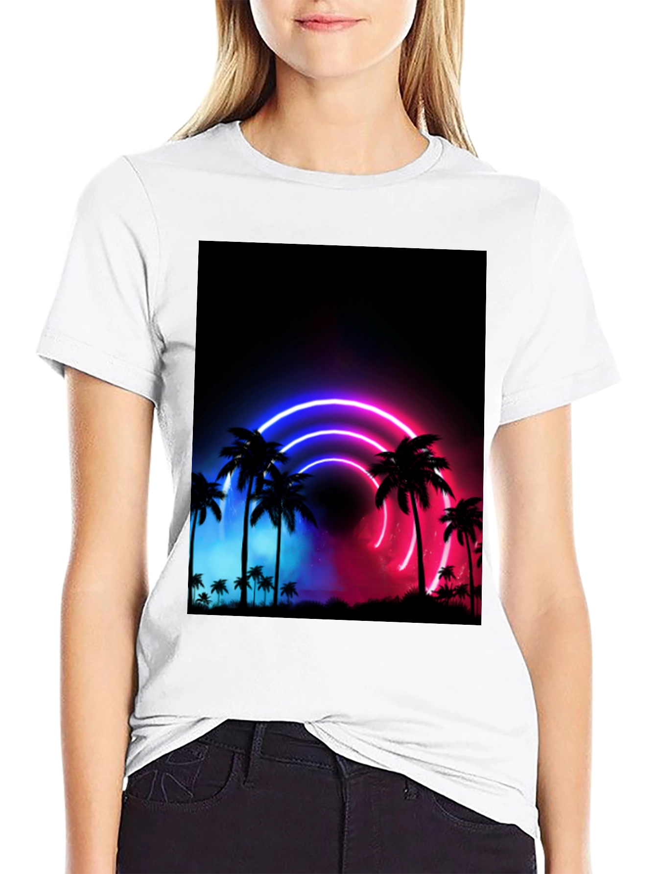 Neon Palm Tree Graphic Black T-Shirt