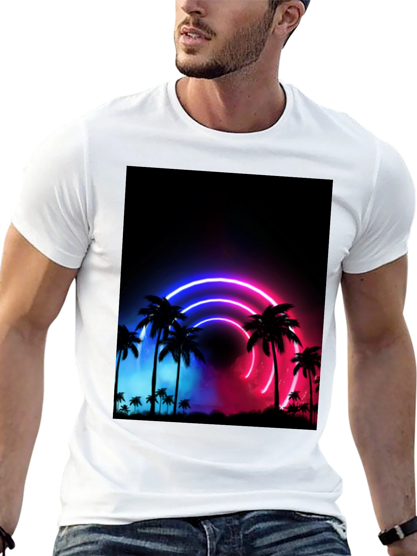 Neon Palm Tree Graphic Black T-Shirt