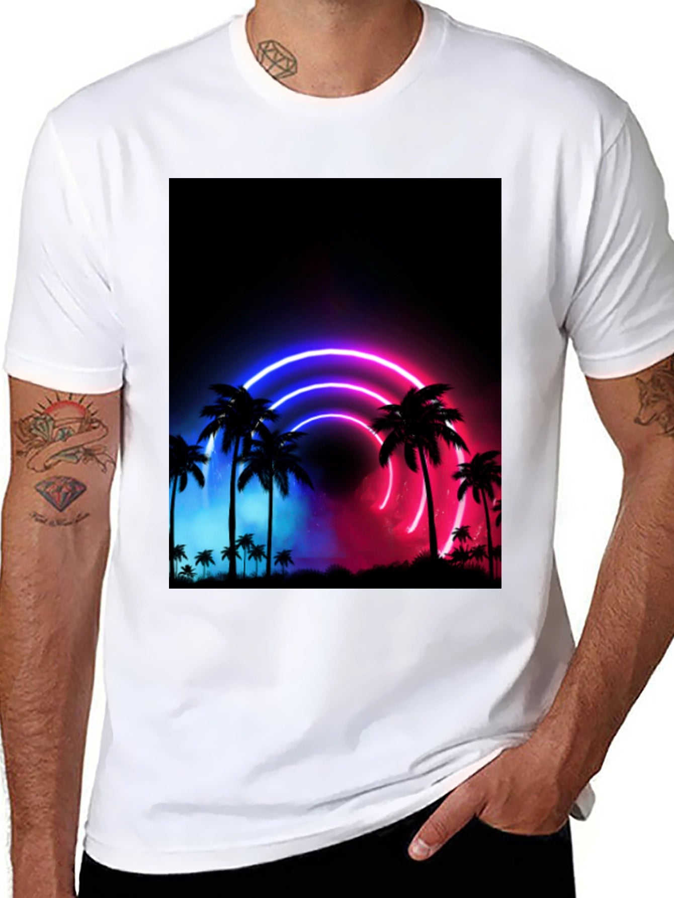 Neon Palm Tree Graphic Black T-Shirt