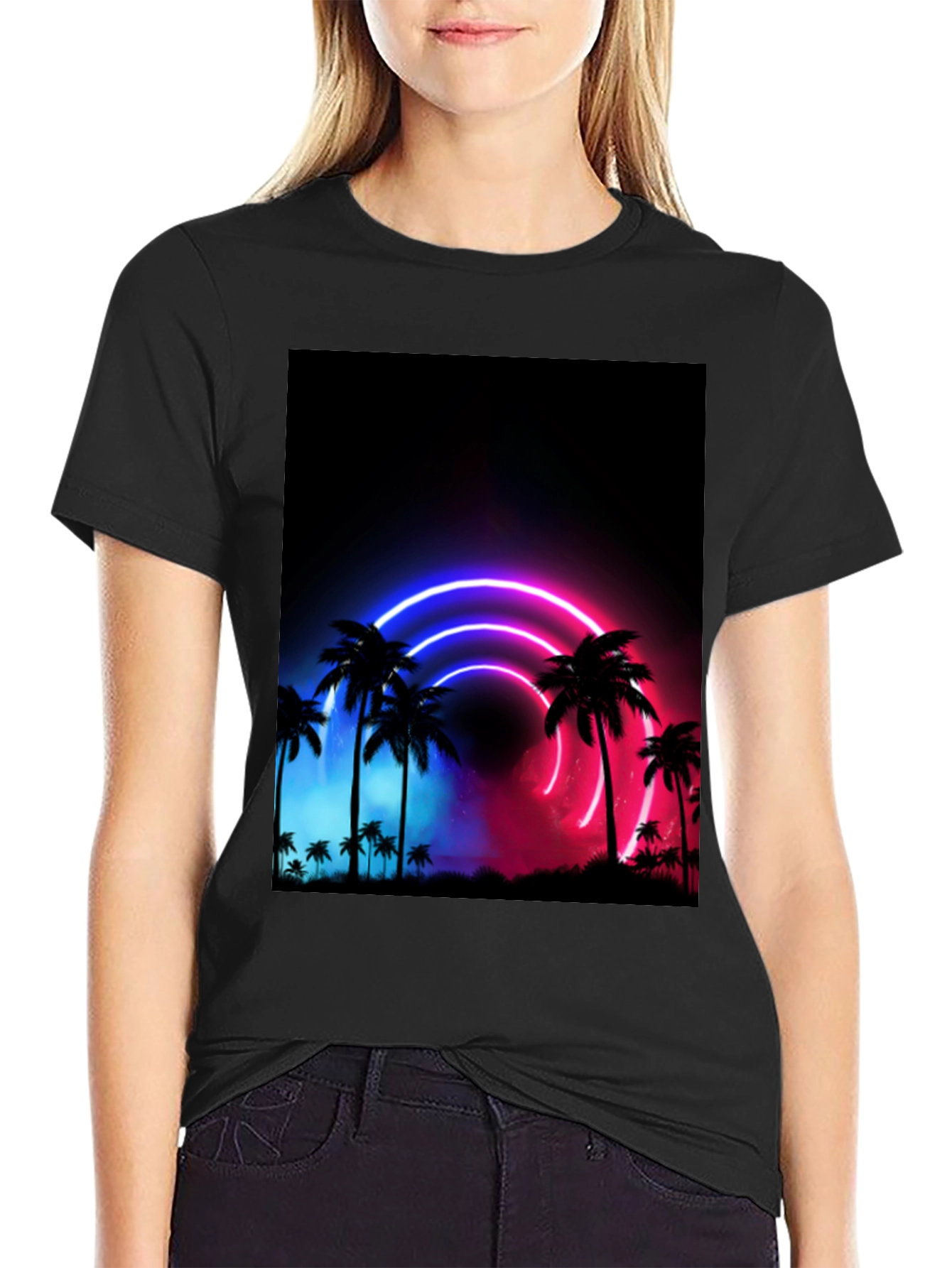 Neon Palm Tree Graphic Black T-Shirt