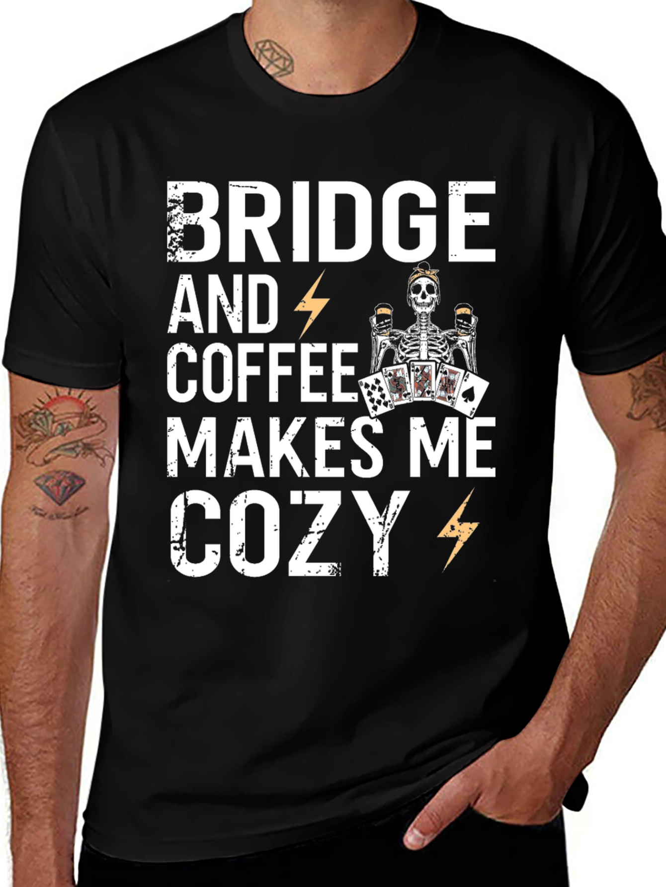 Bridge & Coffee T-Shirt - Cozy Skeleton Design