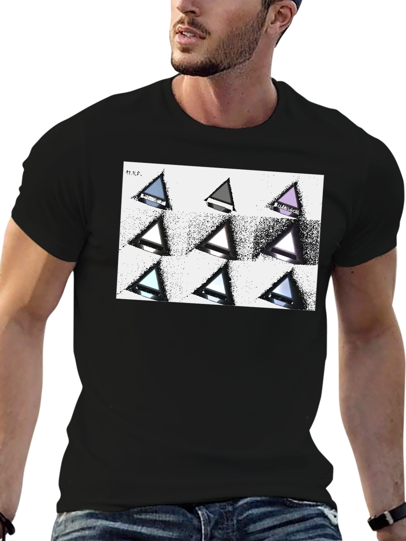 Geometric Triangle Print Black T-Shirt