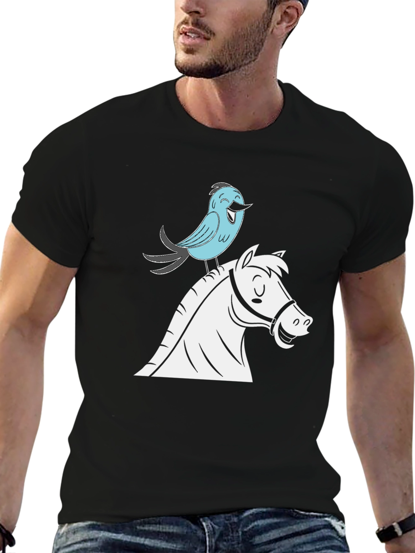 Whimsical Horse & Bird Graphic Tee - Black