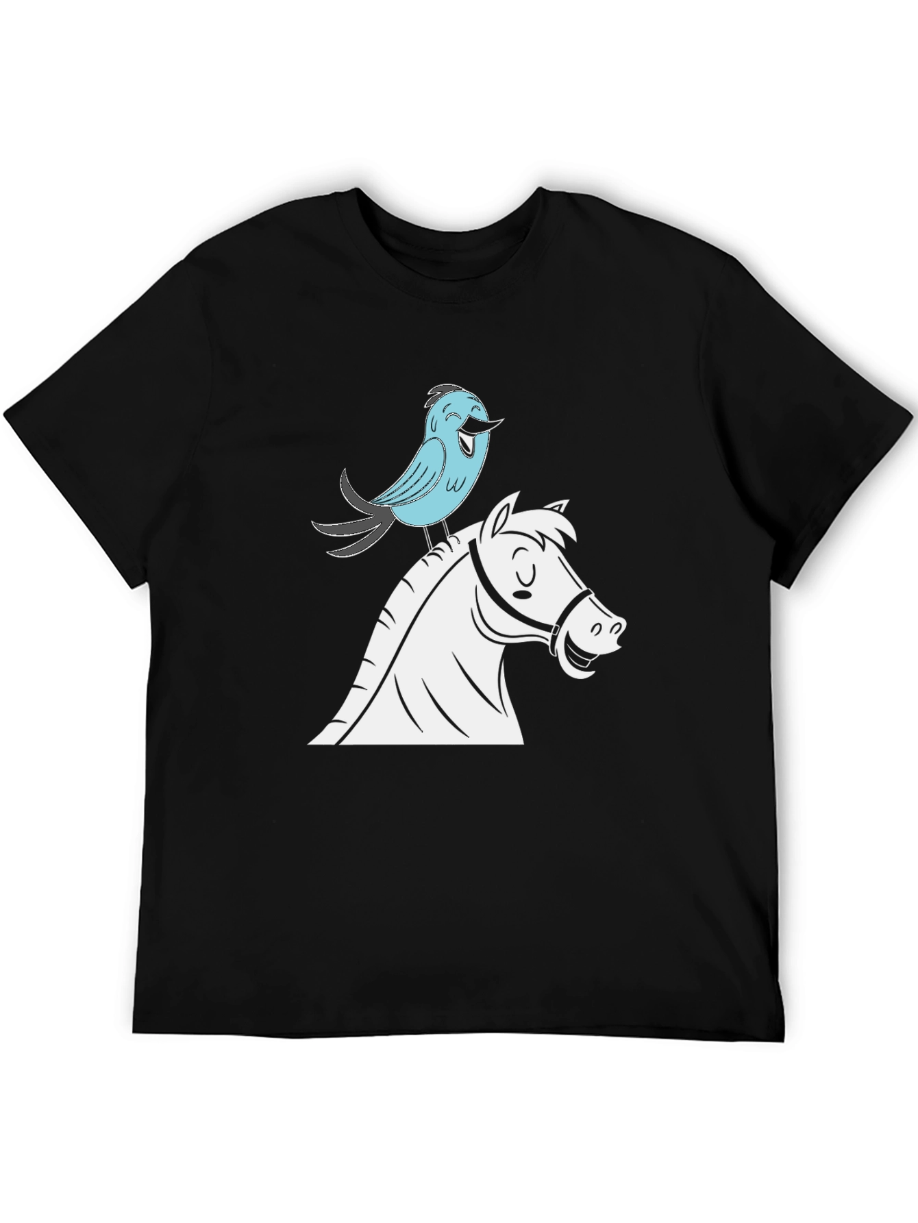 Whimsical Horse & Bird Graphic Tee - Black