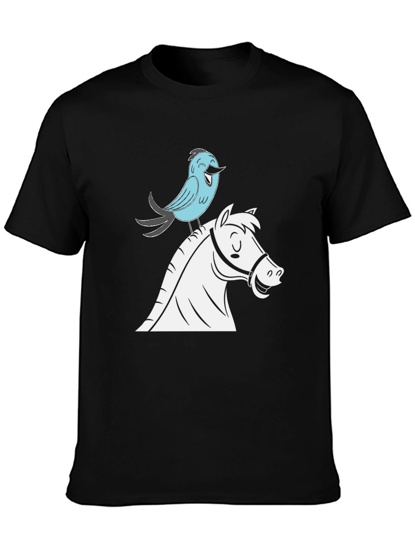 Whimsical Horse & Bird Graphic Tee - Black