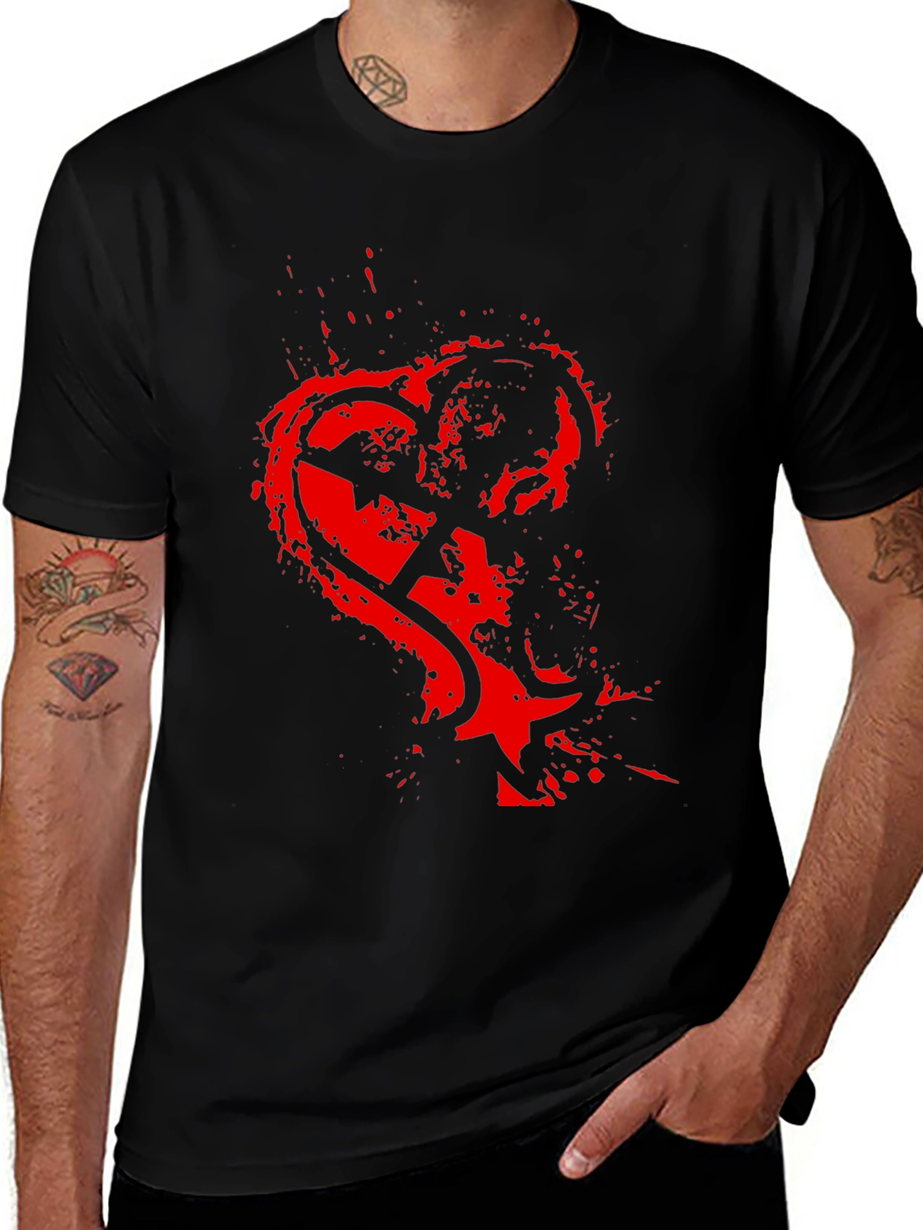 Edgy Red Heart Graphic Black T-Shirt