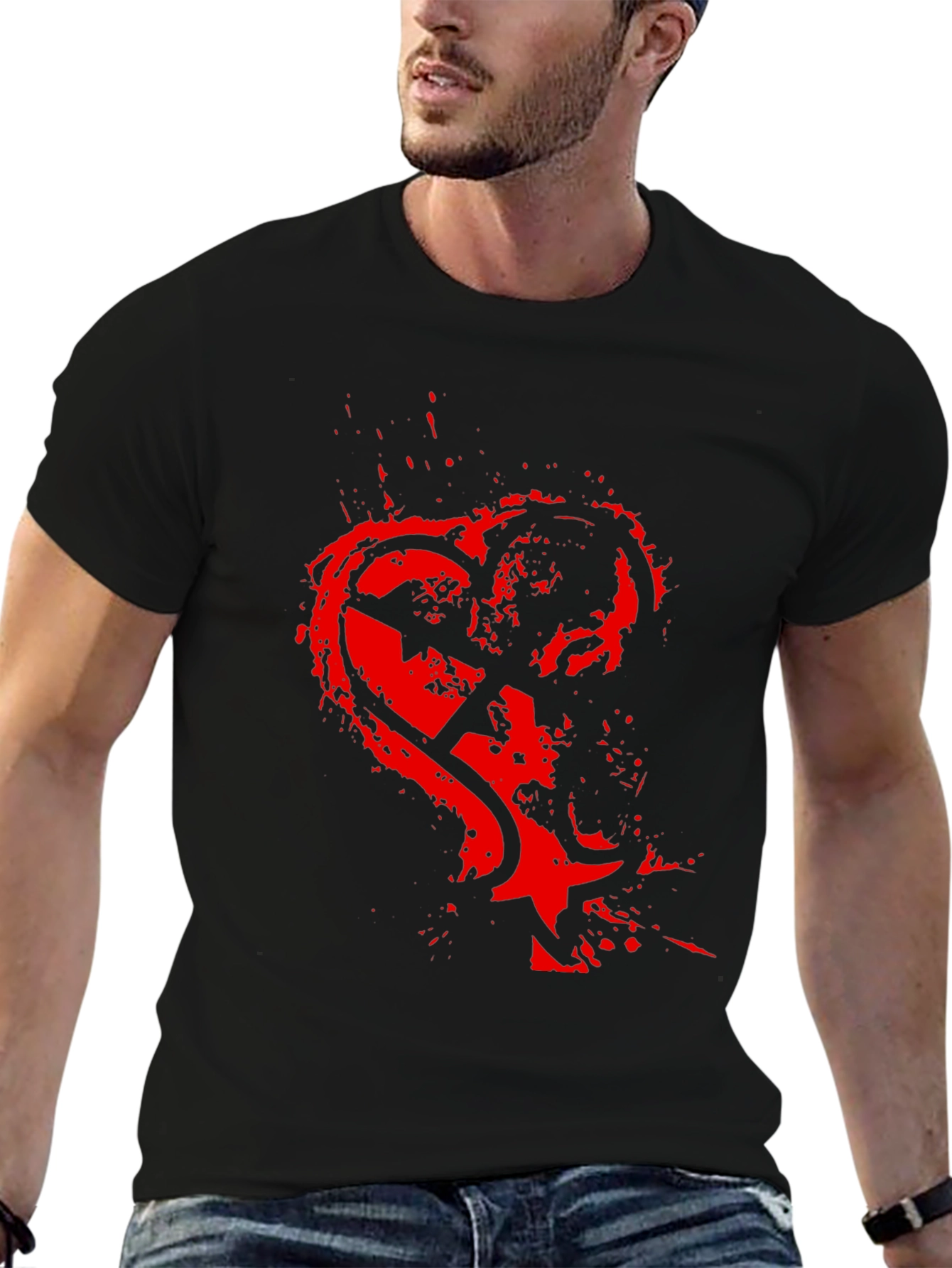 Edgy Red Heart Graphic Black T-Shirt