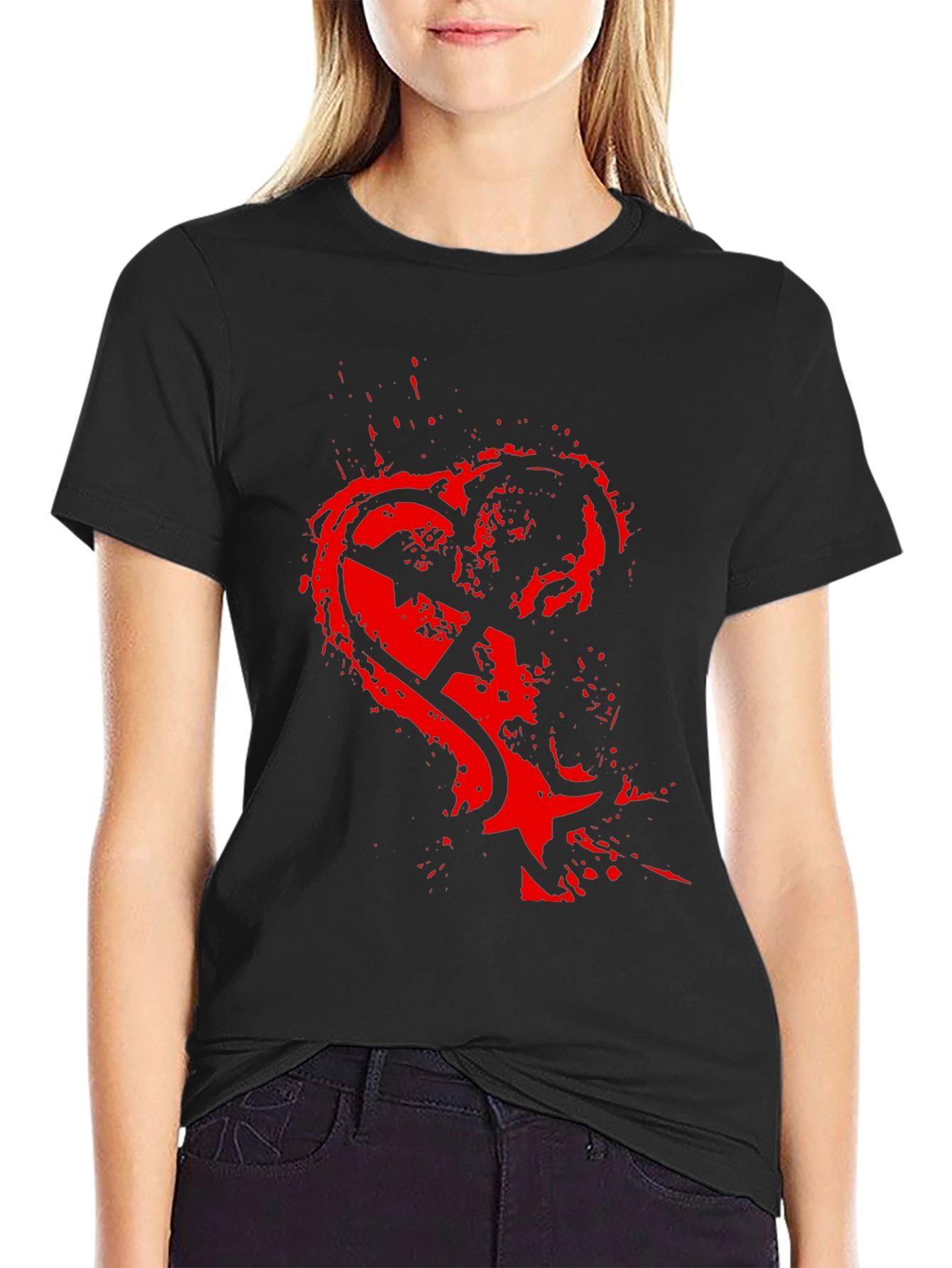Edgy Red Heart Graphic Black T-Shirt