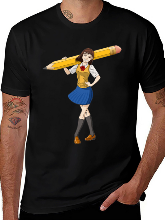 Anime Girl Pencil Tee - Unique Graphic Novelty T-Shirt