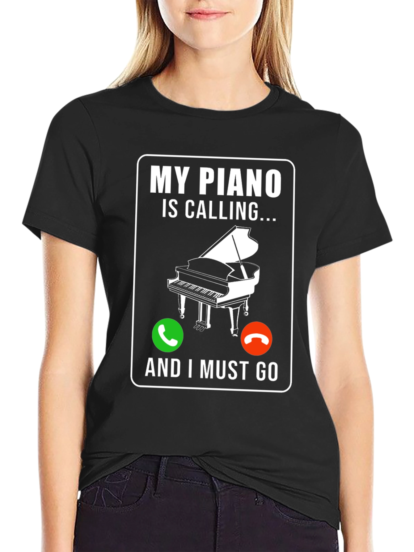 My Piano Is Calling Black Graphic T-Shirt