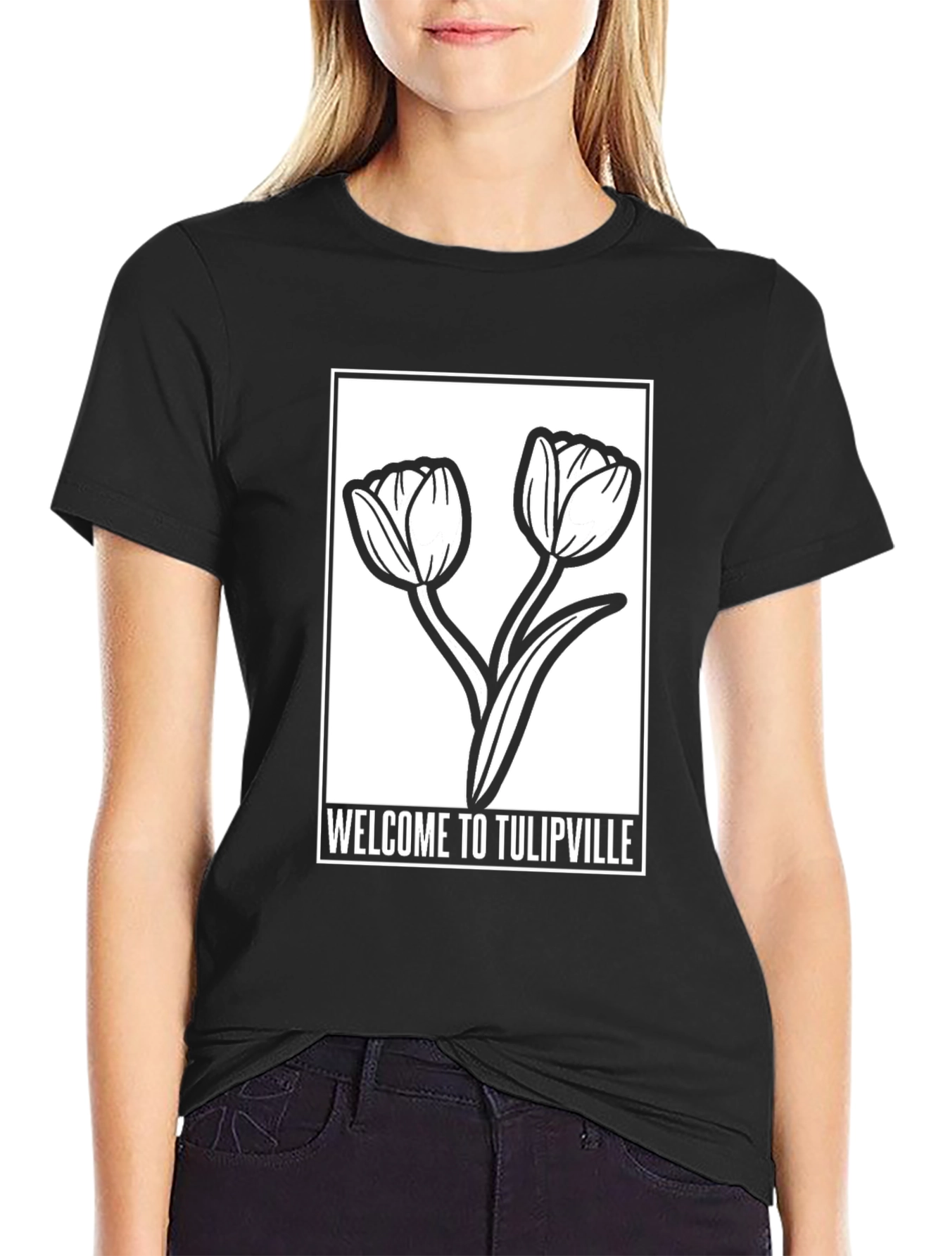 Welcome to Tulipville Black Graphic T-Shirt
