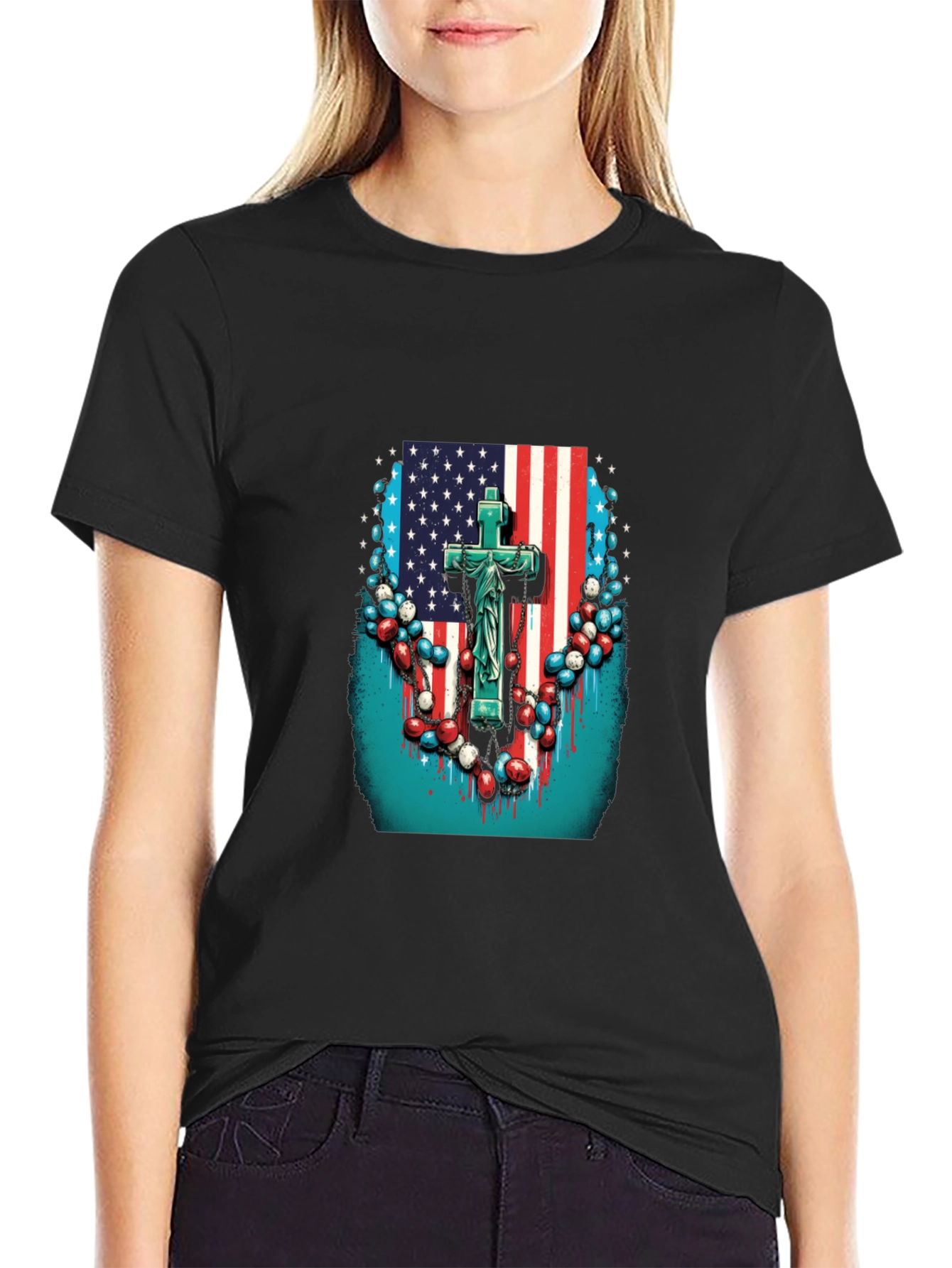 American Flag Cross Graphic Black T-Shirt
