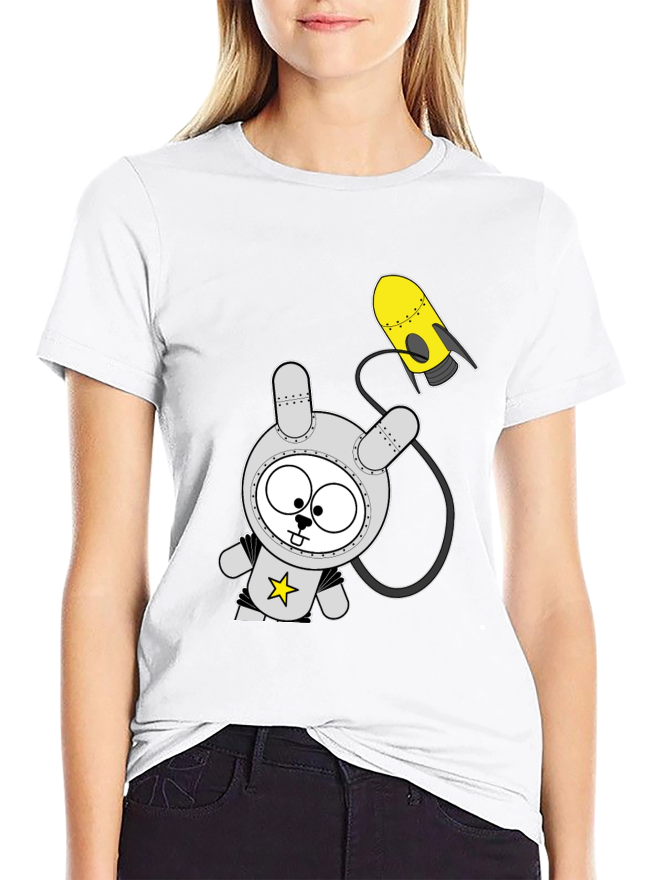 Space Bunny Graphic Tee - Black Cotton T-Shirt