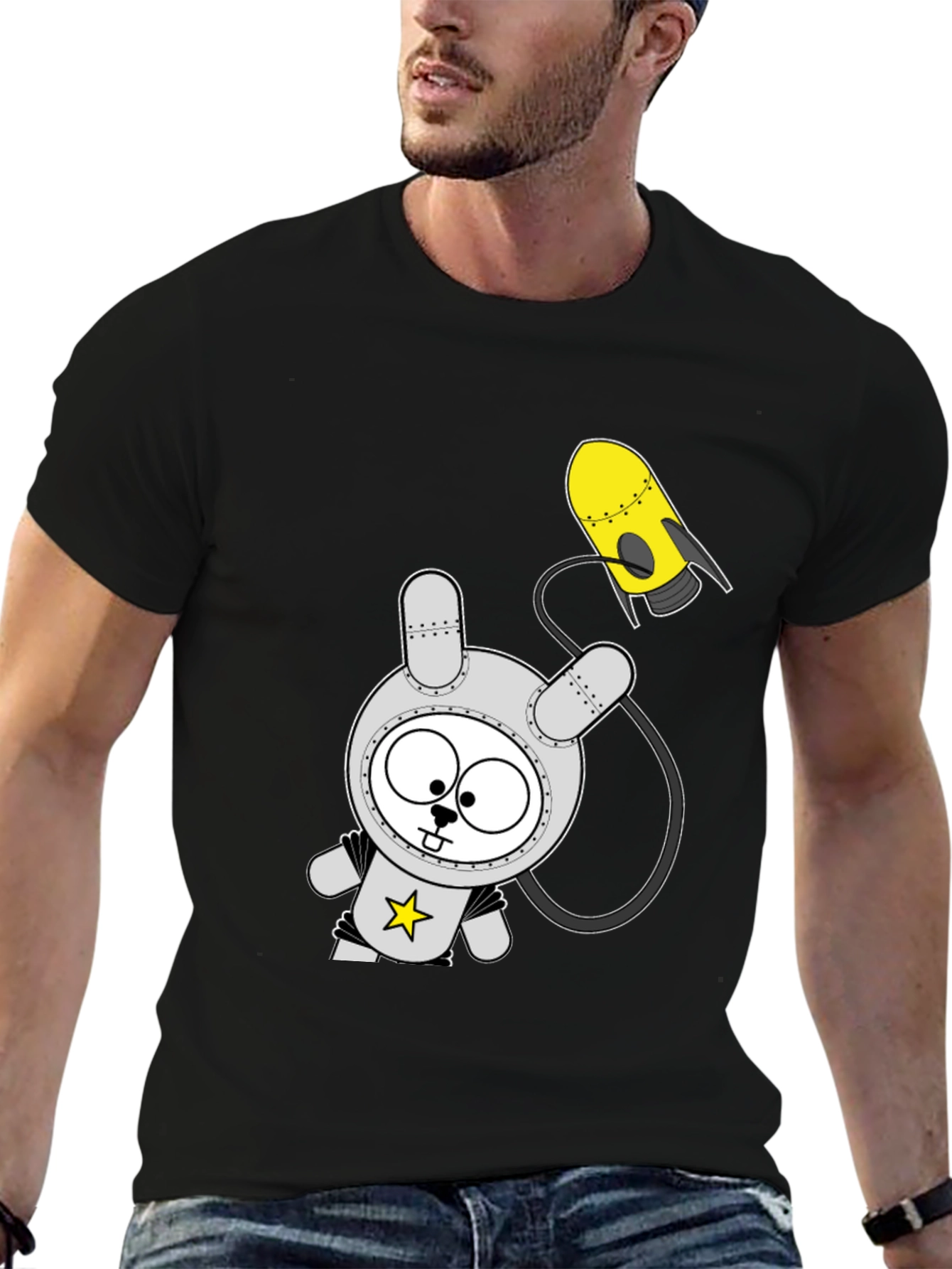Space Bunny Graphic Tee - Black Cotton T-Shirt