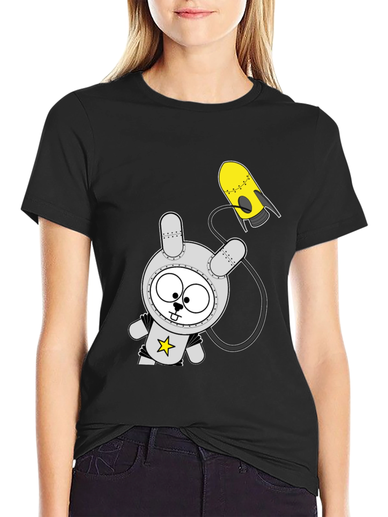 Space Bunny Graphic Tee - Black Cotton T-Shirt