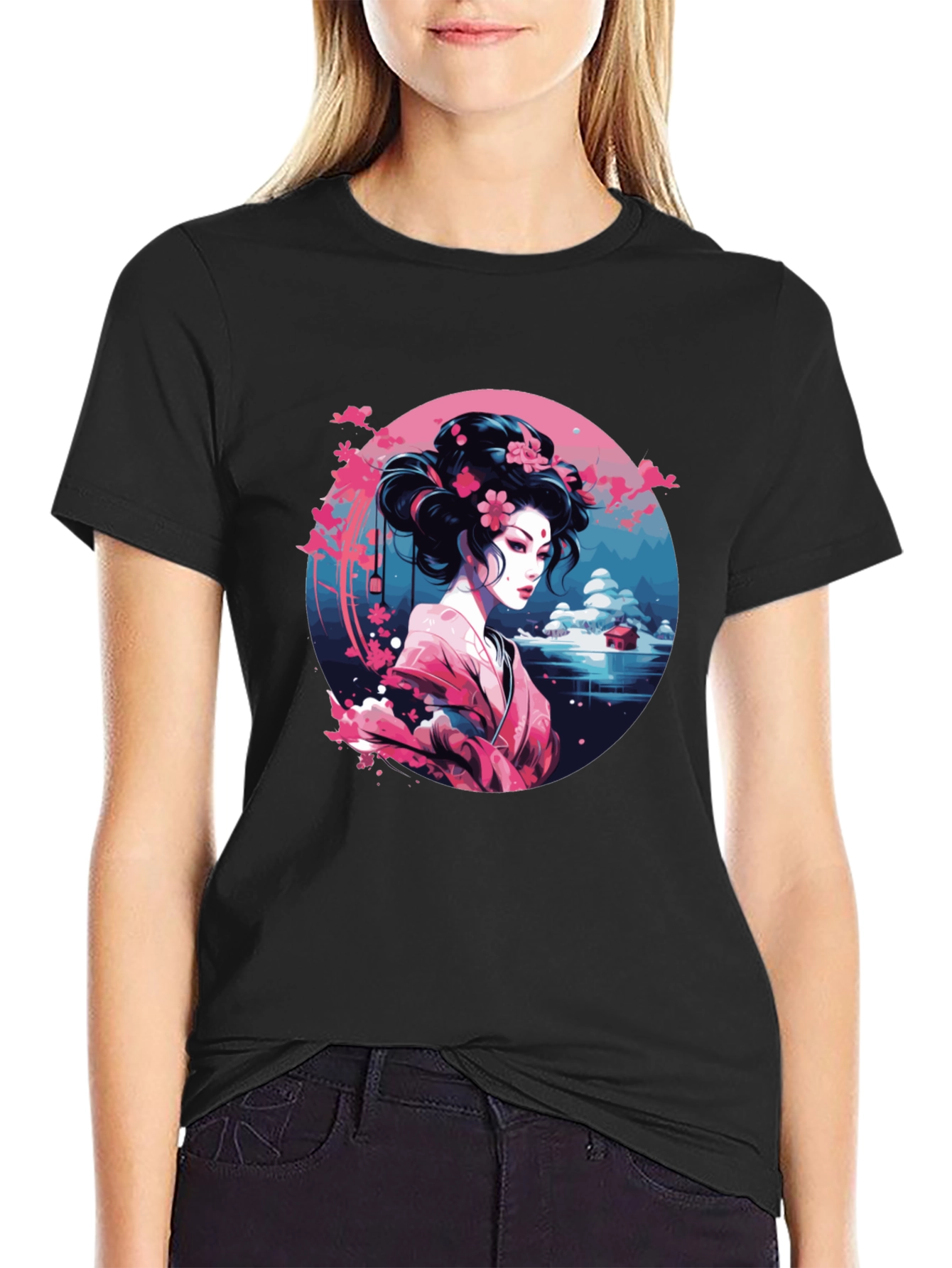 Geisha Art Black Tee - Unique Asian Design