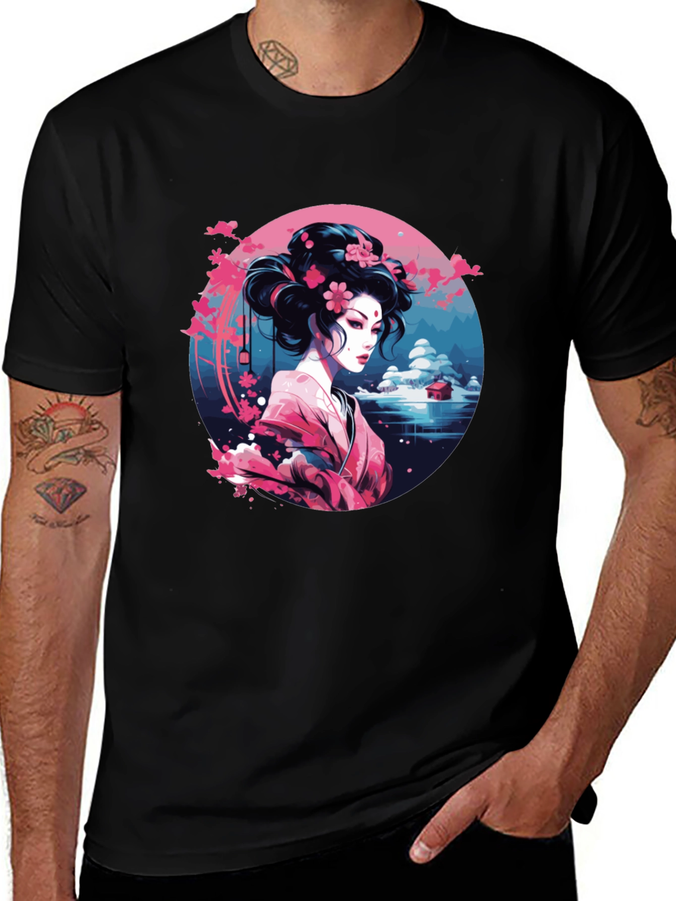Geisha Art Black Tee - Unique Asian Design