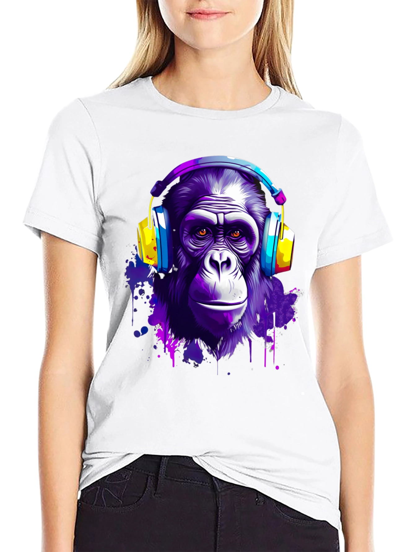 Cool Ape with Headphones Black T-Shirt
