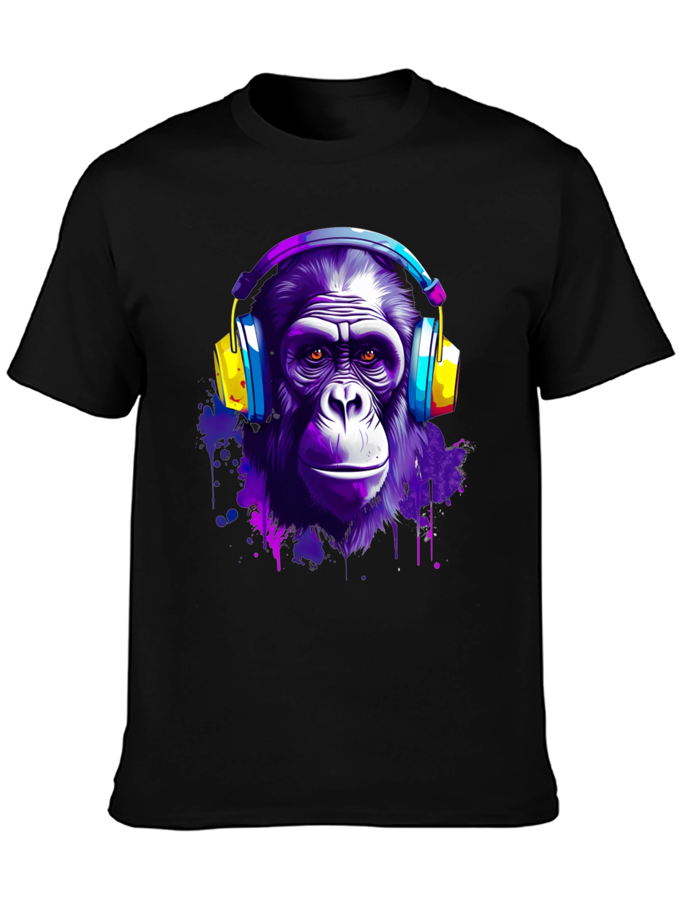Cool Ape with Headphones Black T-Shirt
