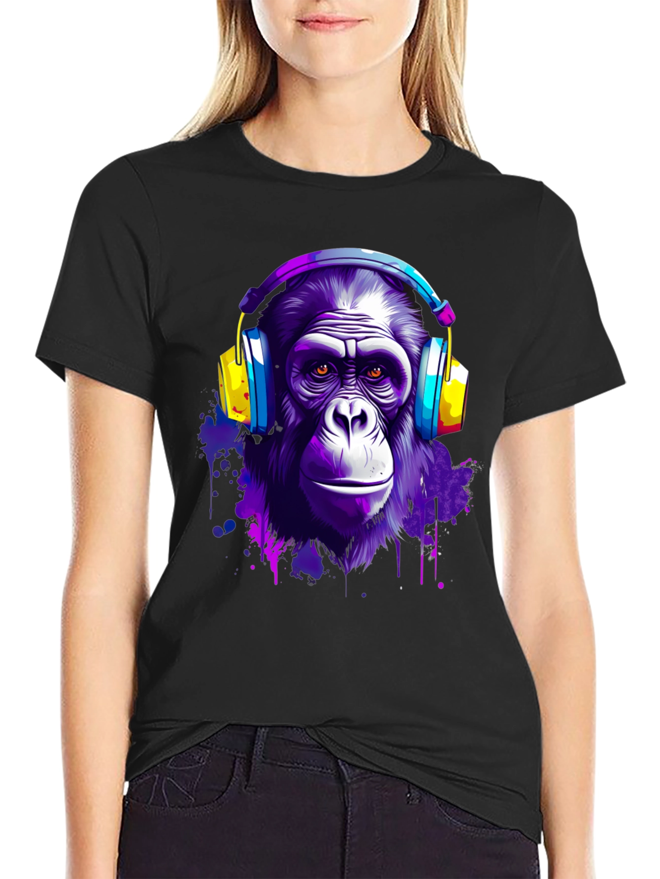 Cool Ape with Headphones Black T-Shirt