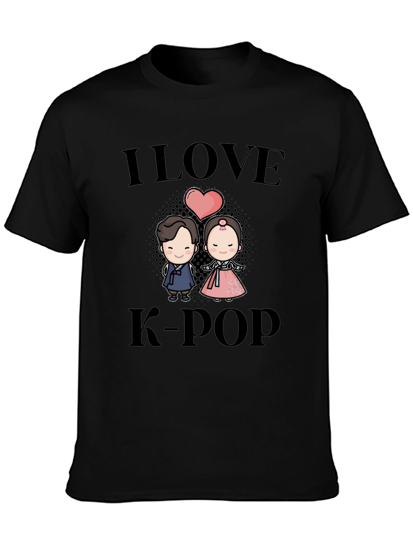 I Love K-Pop Black T-Shirt with Cute Cartoon Graphic