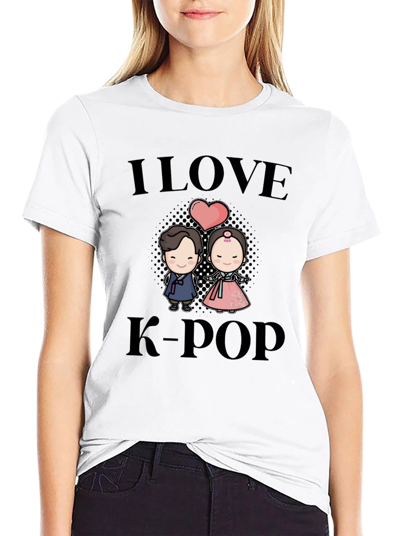I Love K-Pop Black T-Shirt with Cute Cartoon Graphic