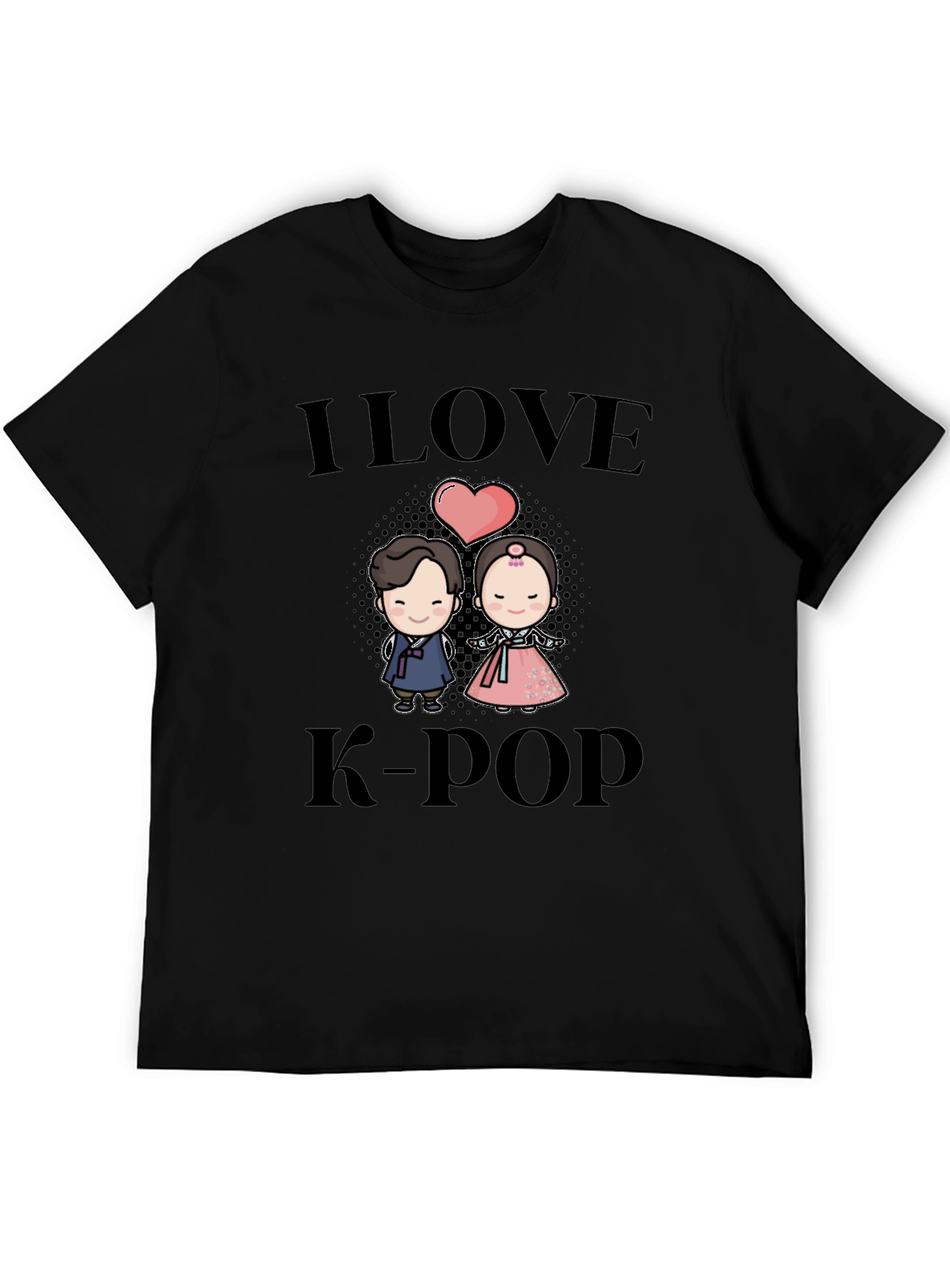 I Love K-Pop Black T-Shirt with Cute Cartoon Graphic