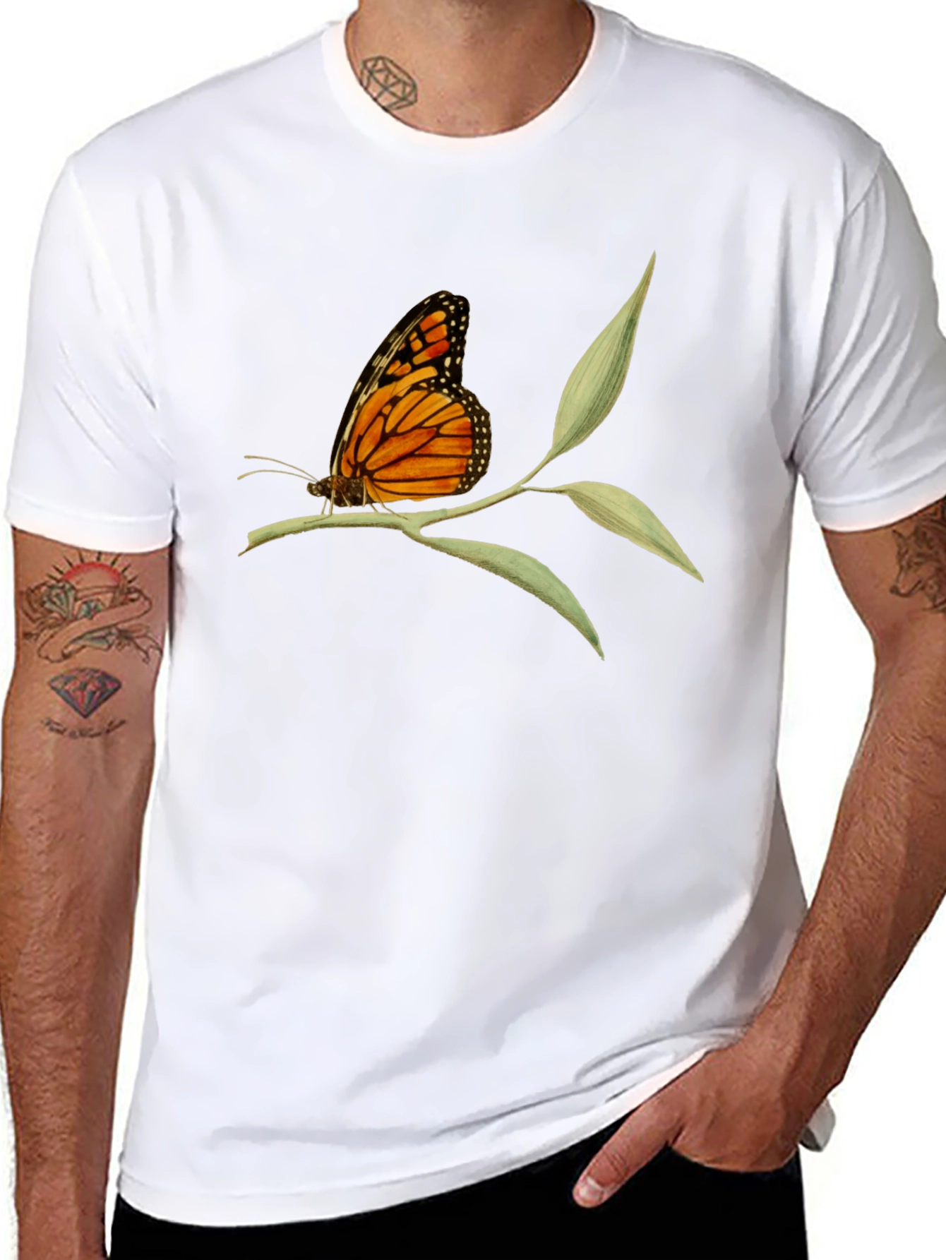 Butterfly on Branch Graphic Tee - Black Cotton T-Shirt