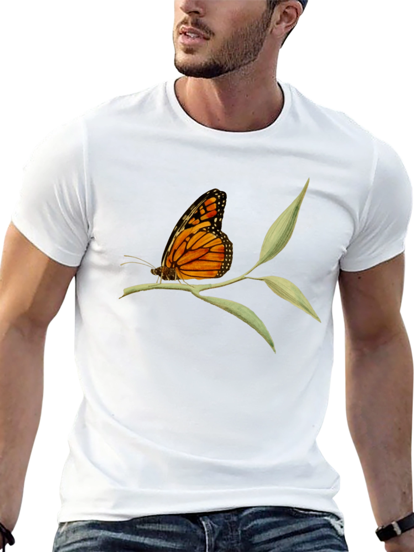 Butterfly on Branch Graphic Tee - Black Cotton T-Shirt