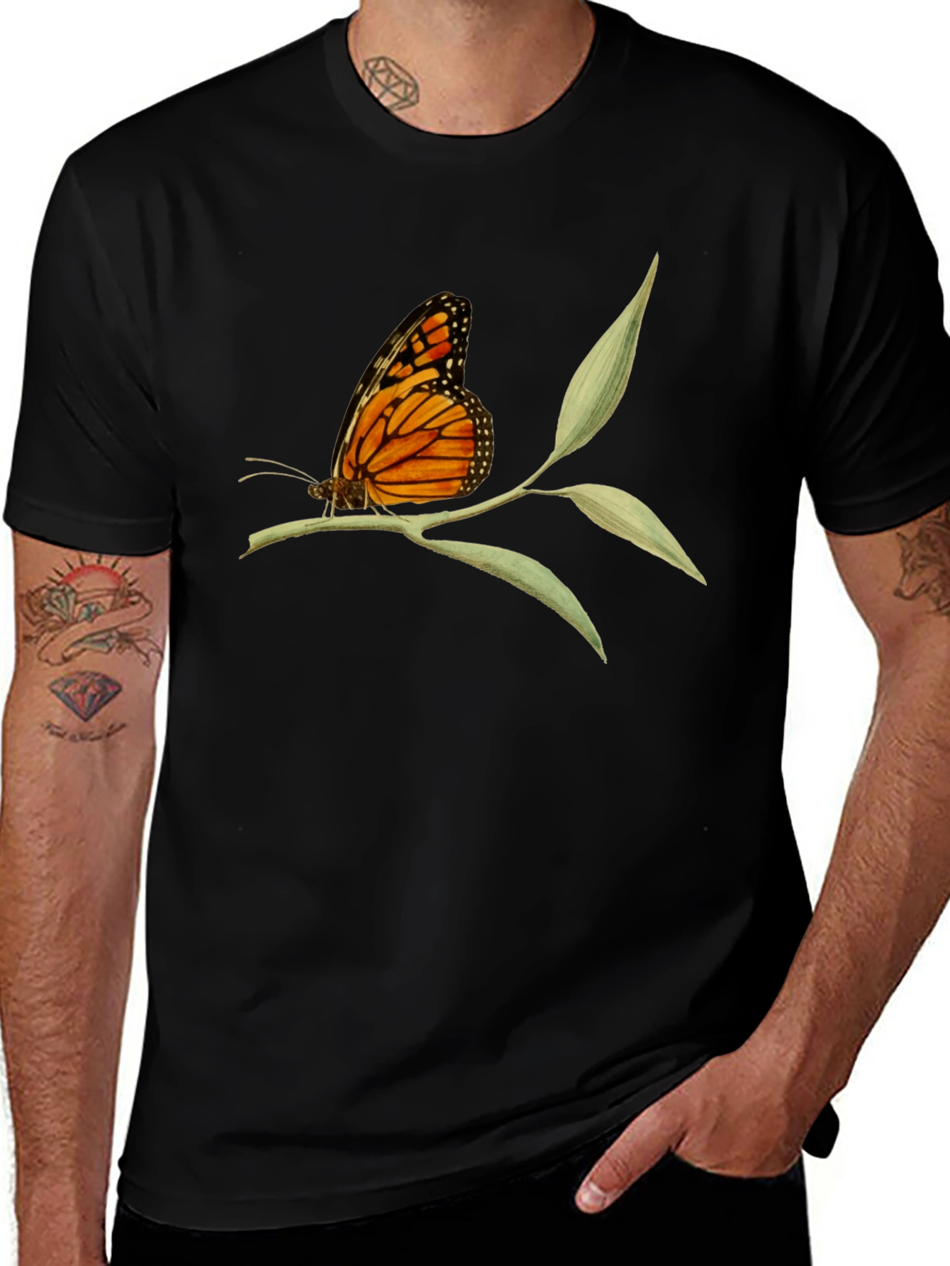 Butterfly on Branch Graphic Tee - Black Cotton T-Shirt