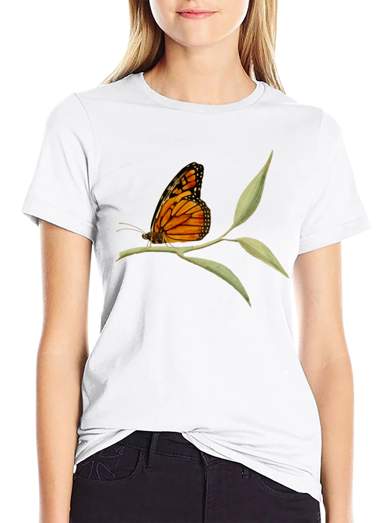 Butterfly on Branch Graphic Tee - Black Cotton T-Shirt