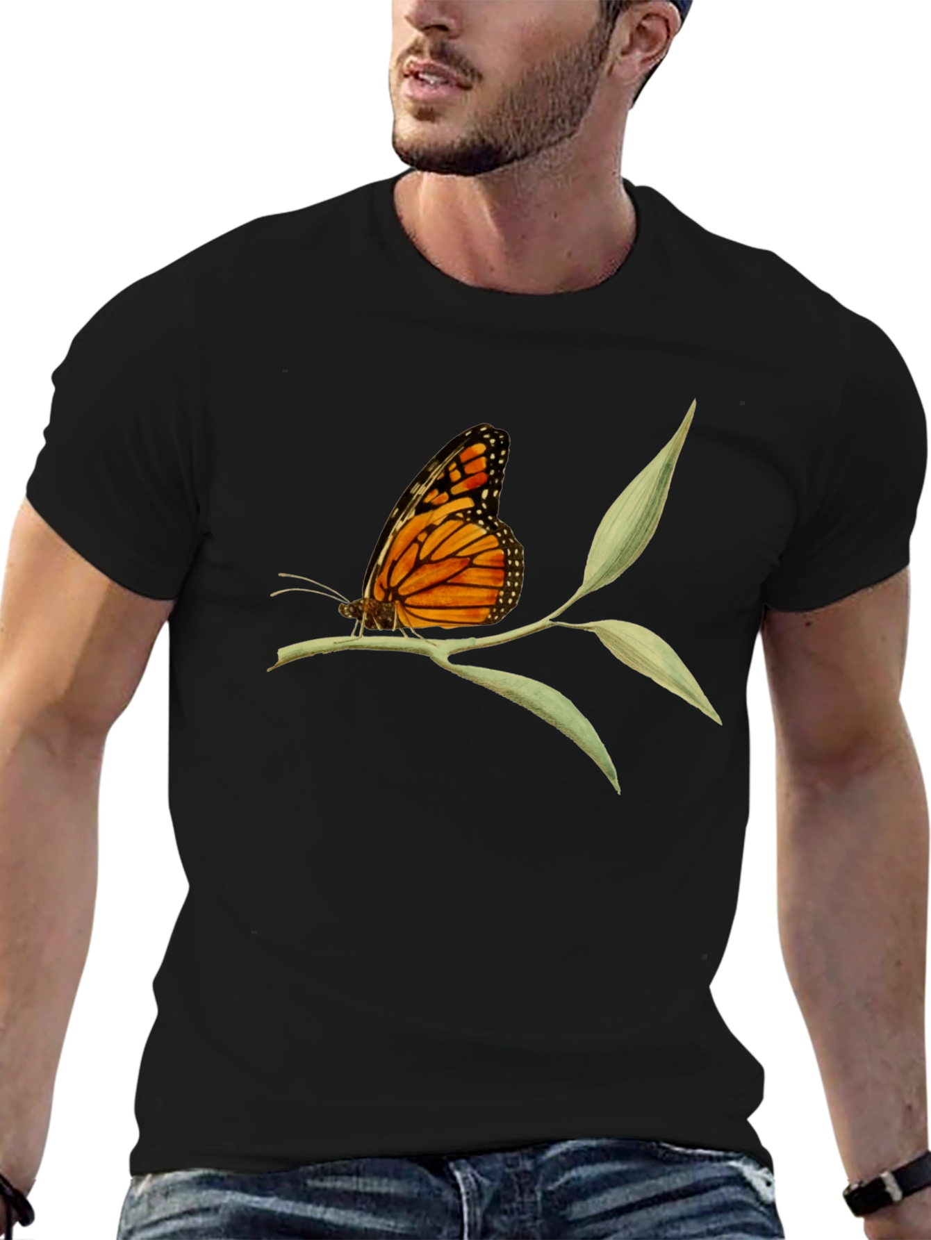 Butterfly on Branch Graphic Tee - Black Cotton T-Shirt