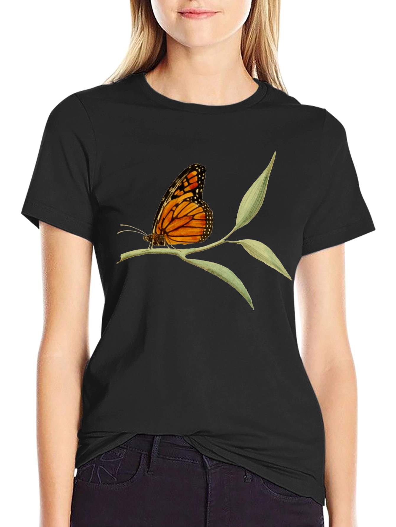 Butterfly on Branch Graphic Tee - Black Cotton T-Shirt