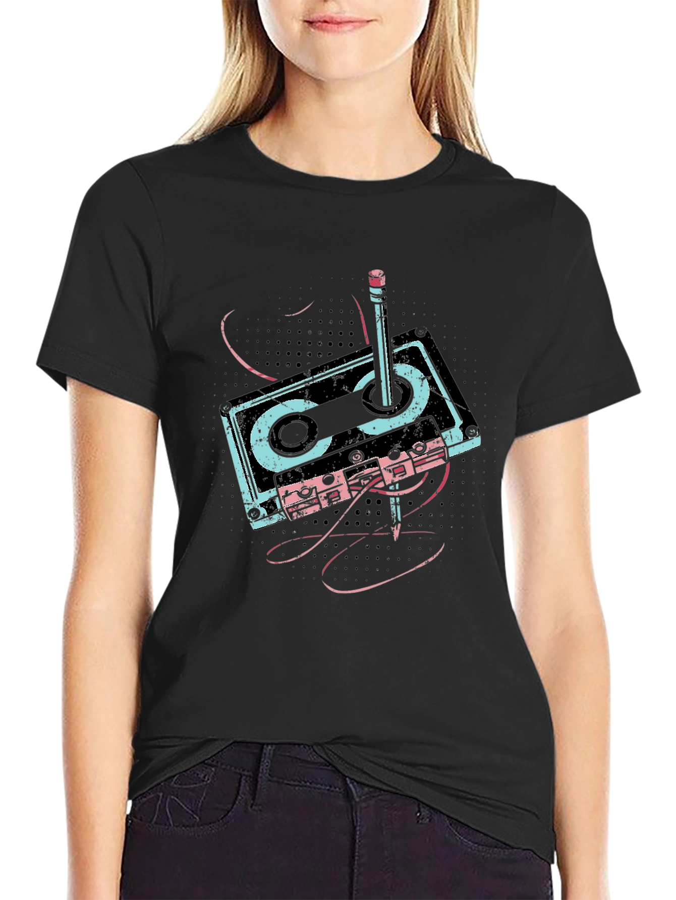 Retro Cassette & Pencil Graphic T-Shirt