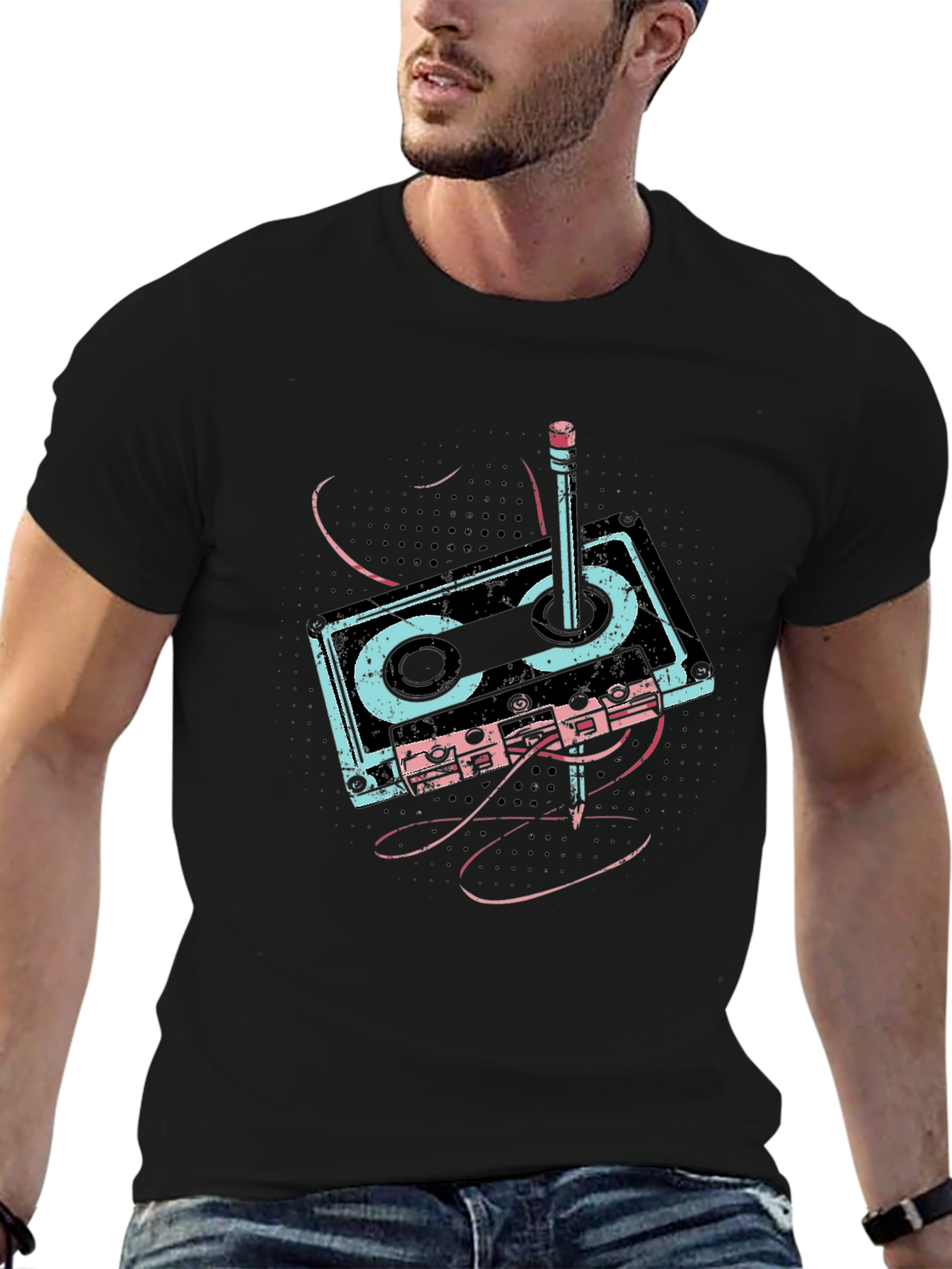 Retro Cassette & Pencil Graphic T-Shirt