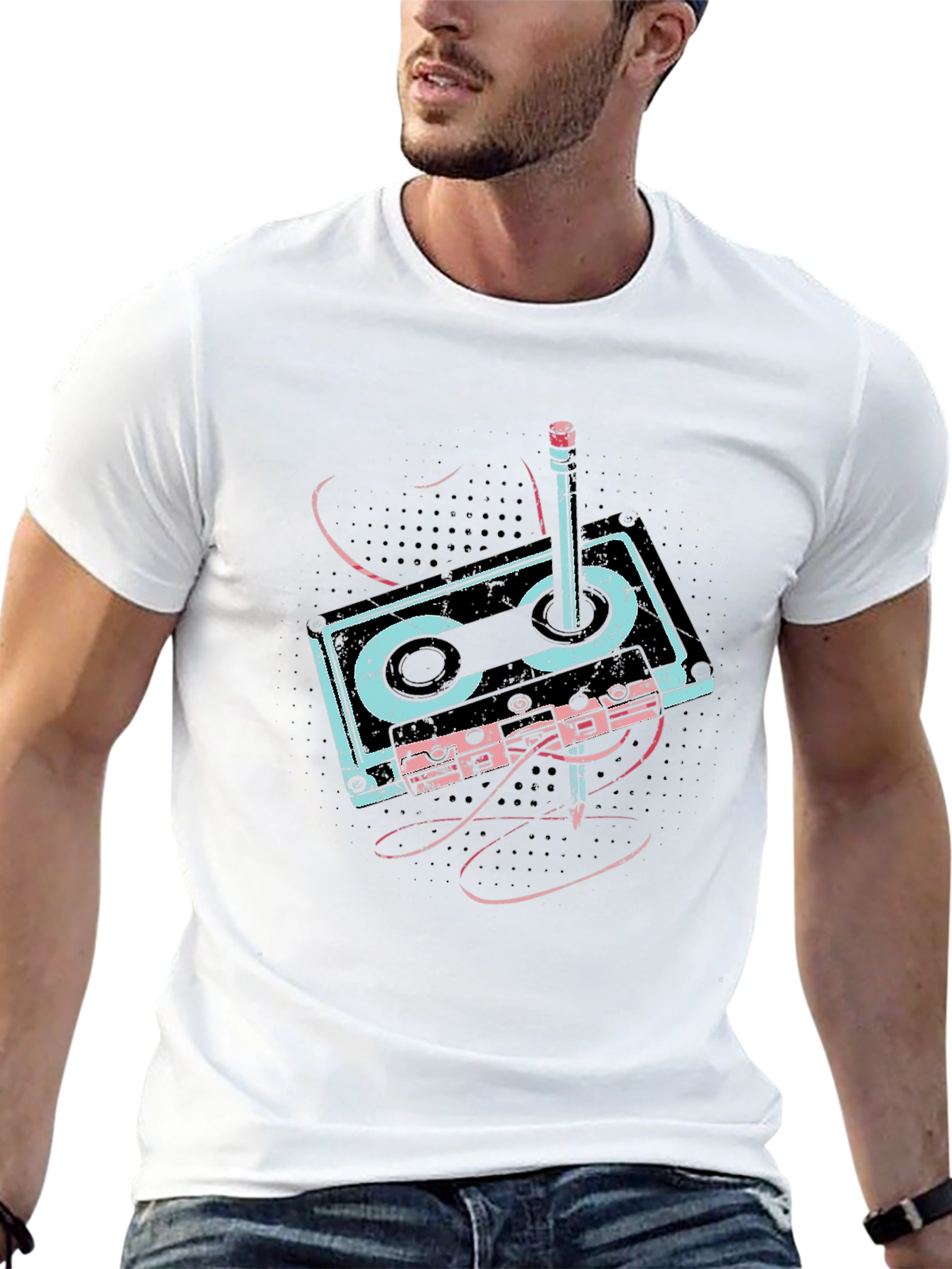 Retro Cassette & Pencil Graphic T-Shirt