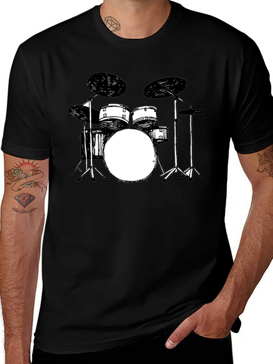 Drum Set Graphic Tee - Black Crew Neck T-Shirt