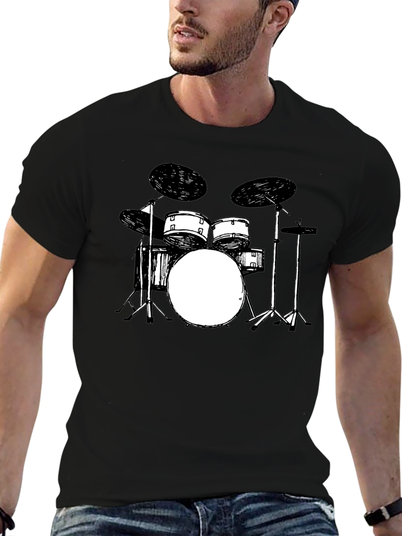 Drum Set Graphic Tee - Black Crew Neck T-Shirt