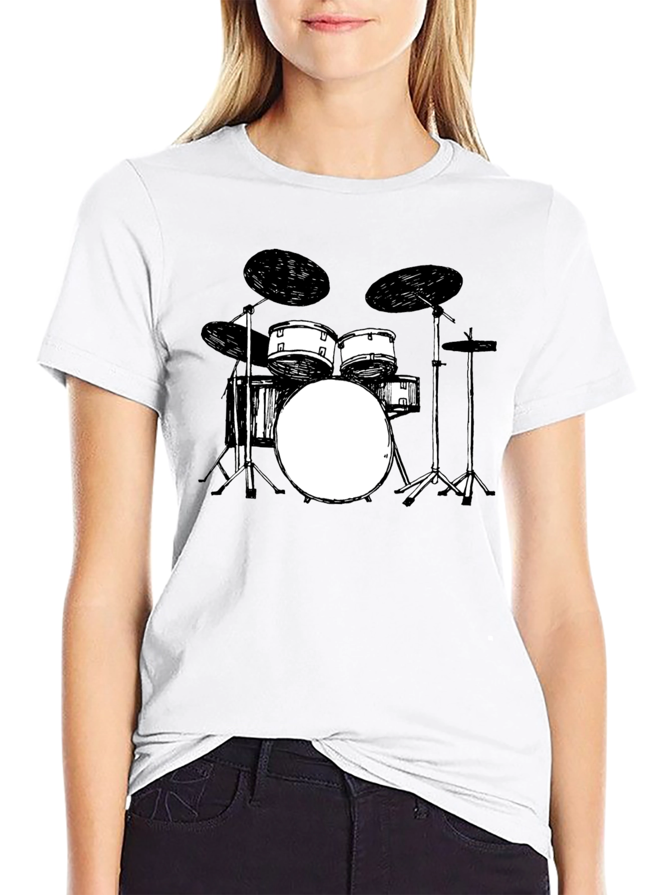 Drum Set Graphic Tee - Black Crew Neck T-Shirt