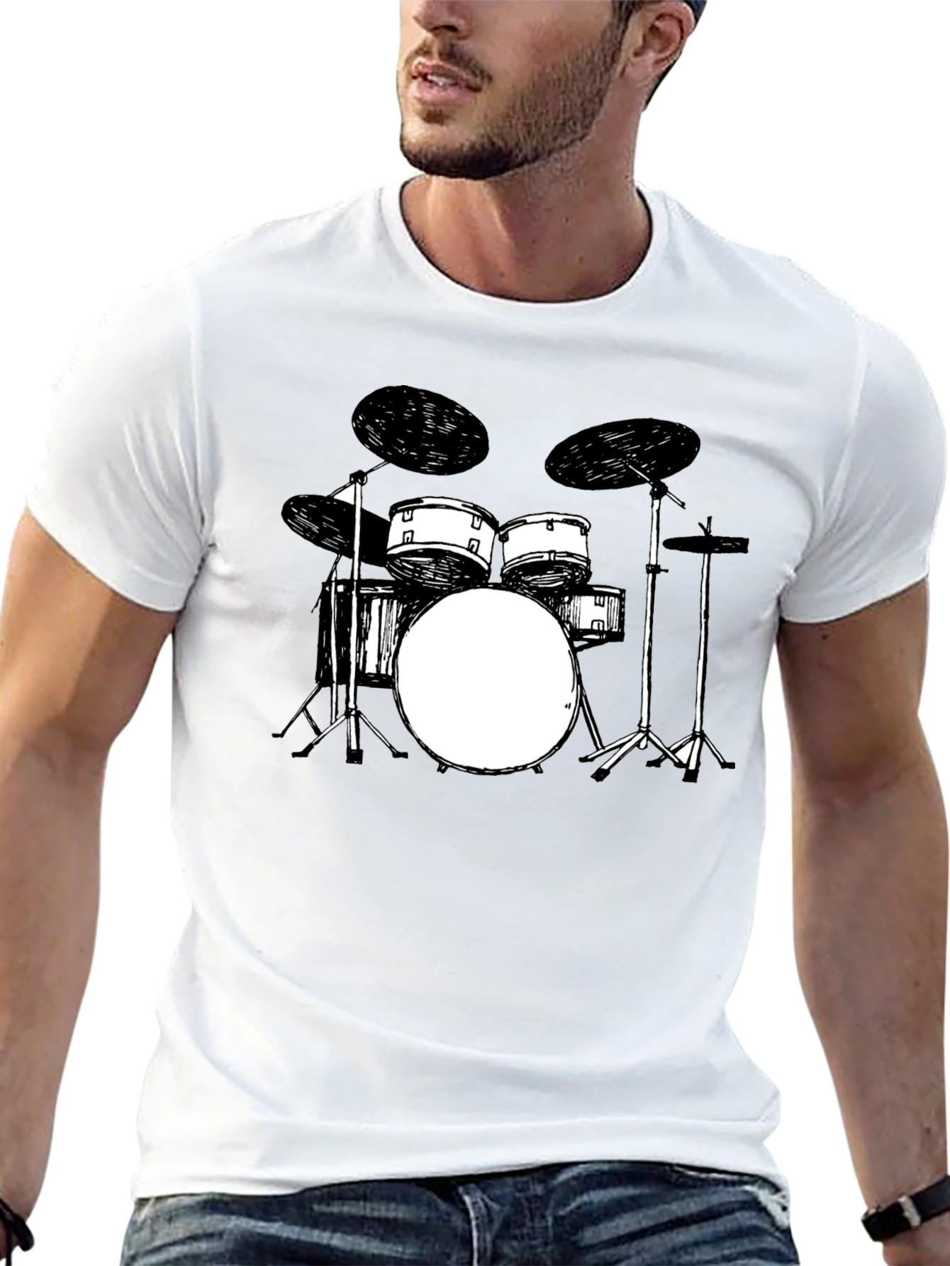 Drum Set Graphic Tee - Black Crew Neck T-Shirt