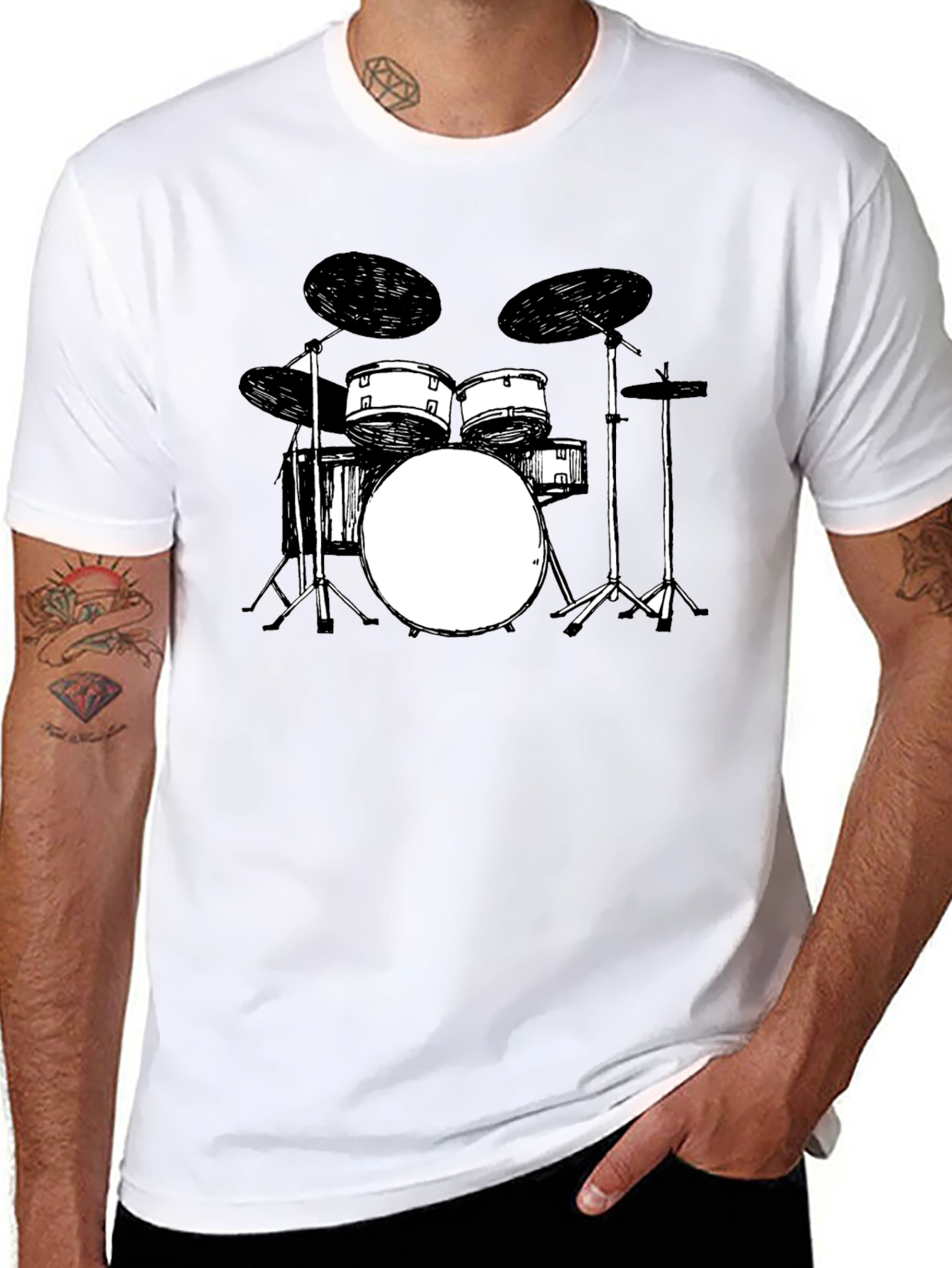 Drum Set Graphic Tee - Black Crew Neck T-Shirt