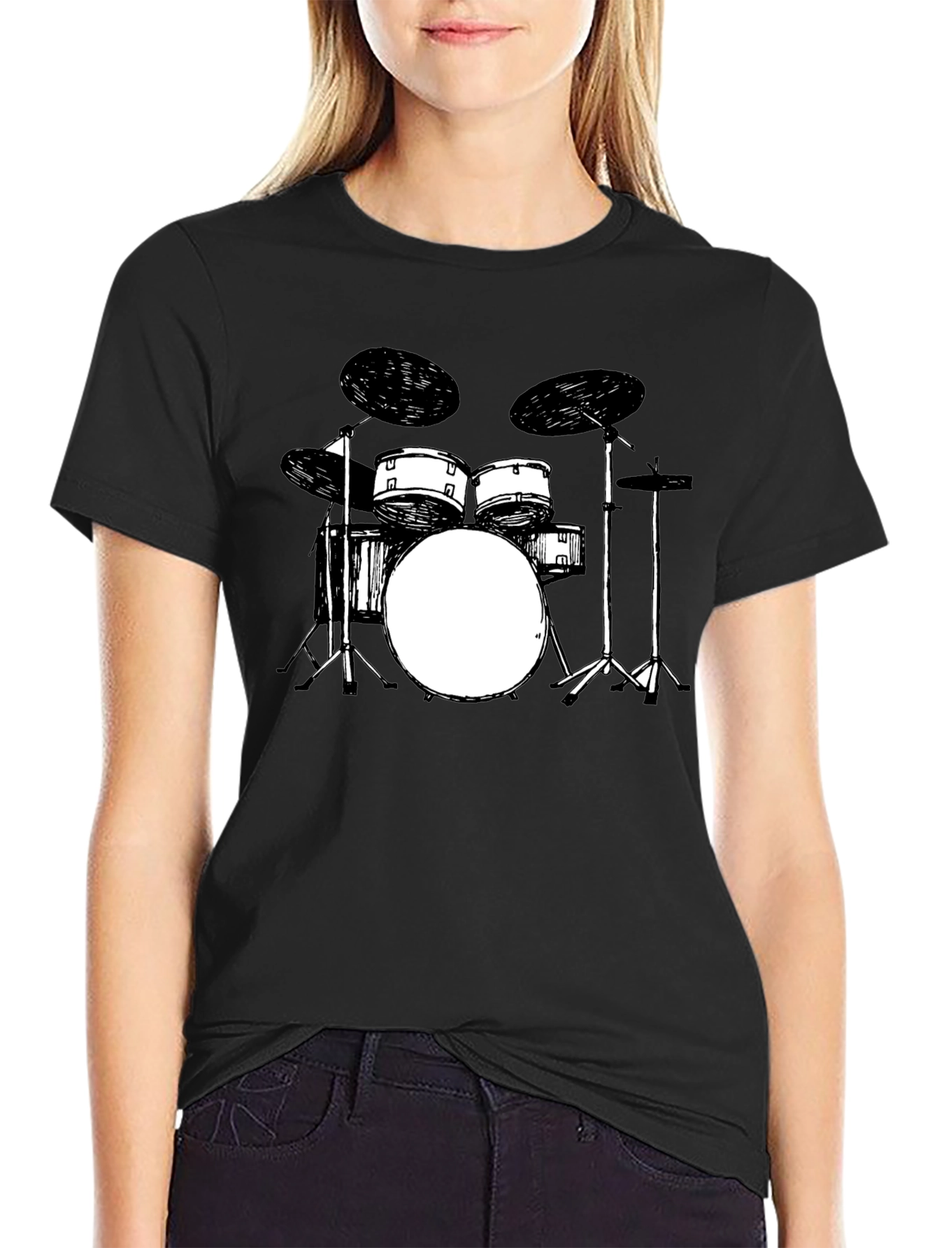 Drum Set Graphic Tee - Black Crew Neck T-Shirt