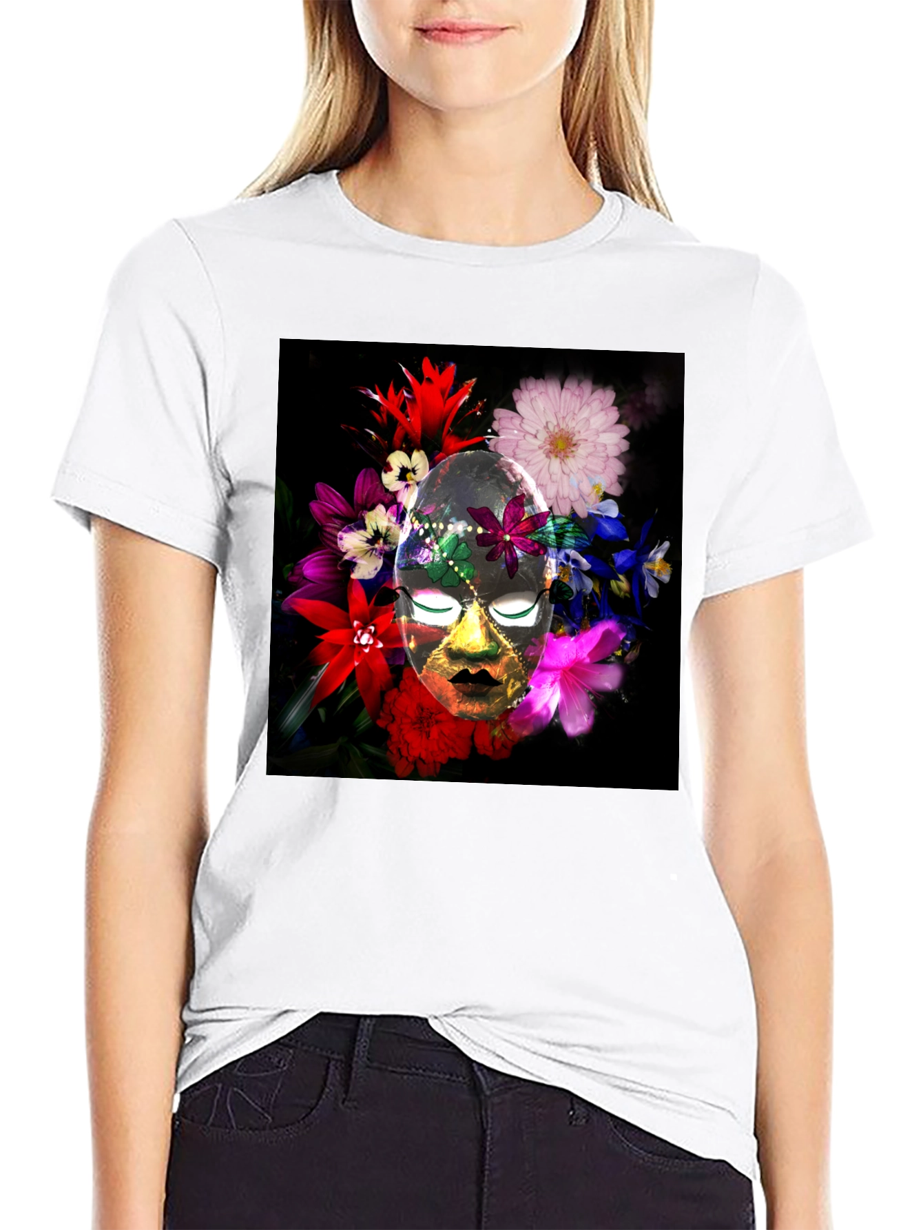 Floral Mask Graphic Tee - Black Cotton Blend